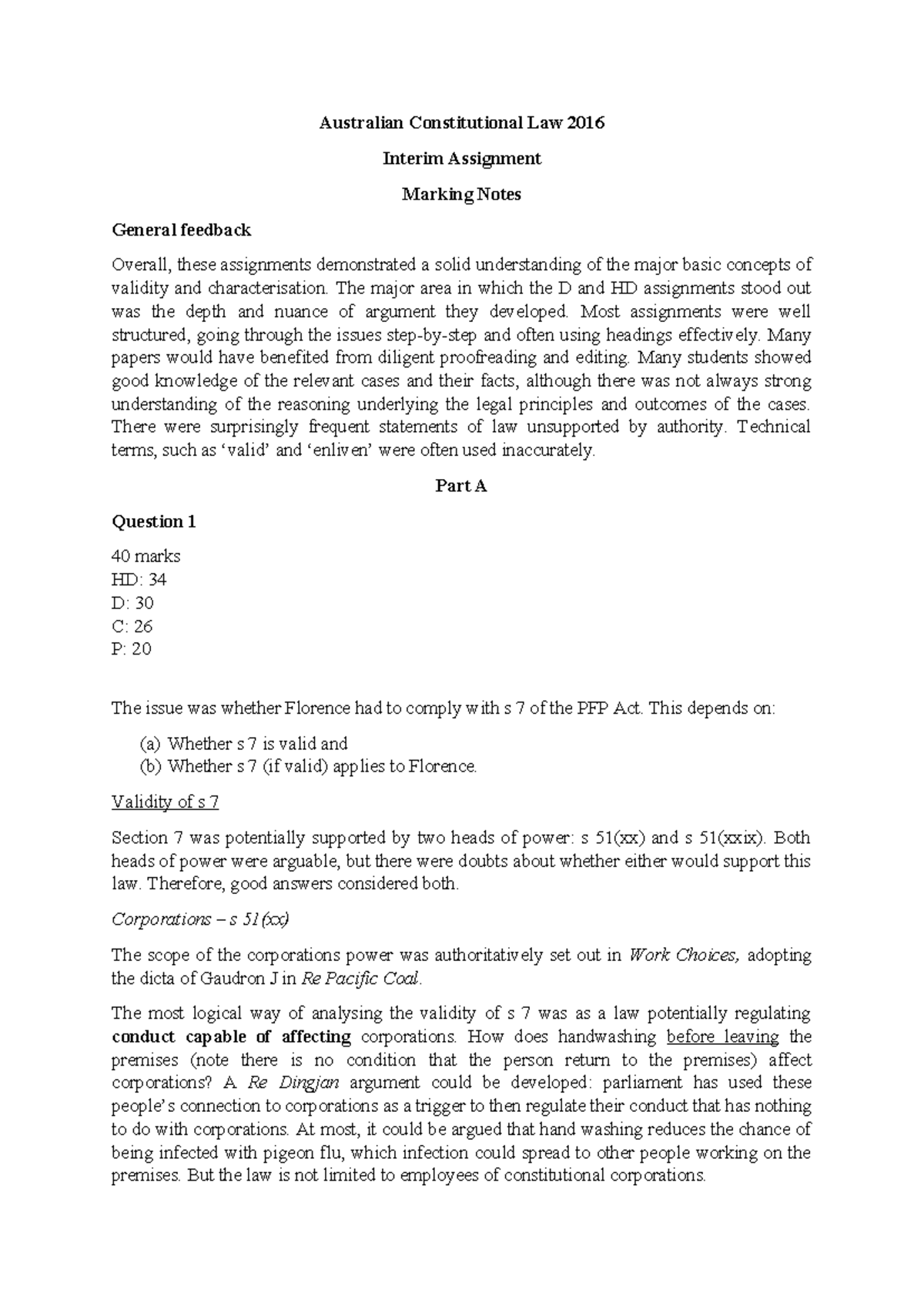 Australian Constitutional Law 2016 Interim Assignment Feedback Notes ...