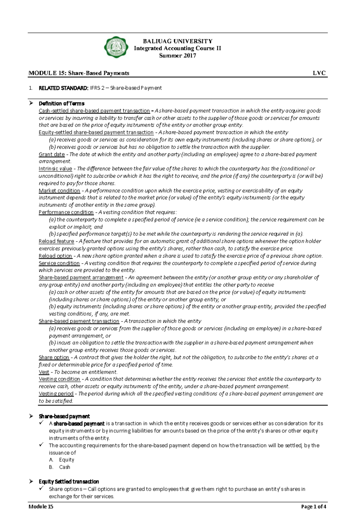 BALIUAG UNIVERSITY Integrated Accounting II Summer 2017 Module 15 ...
