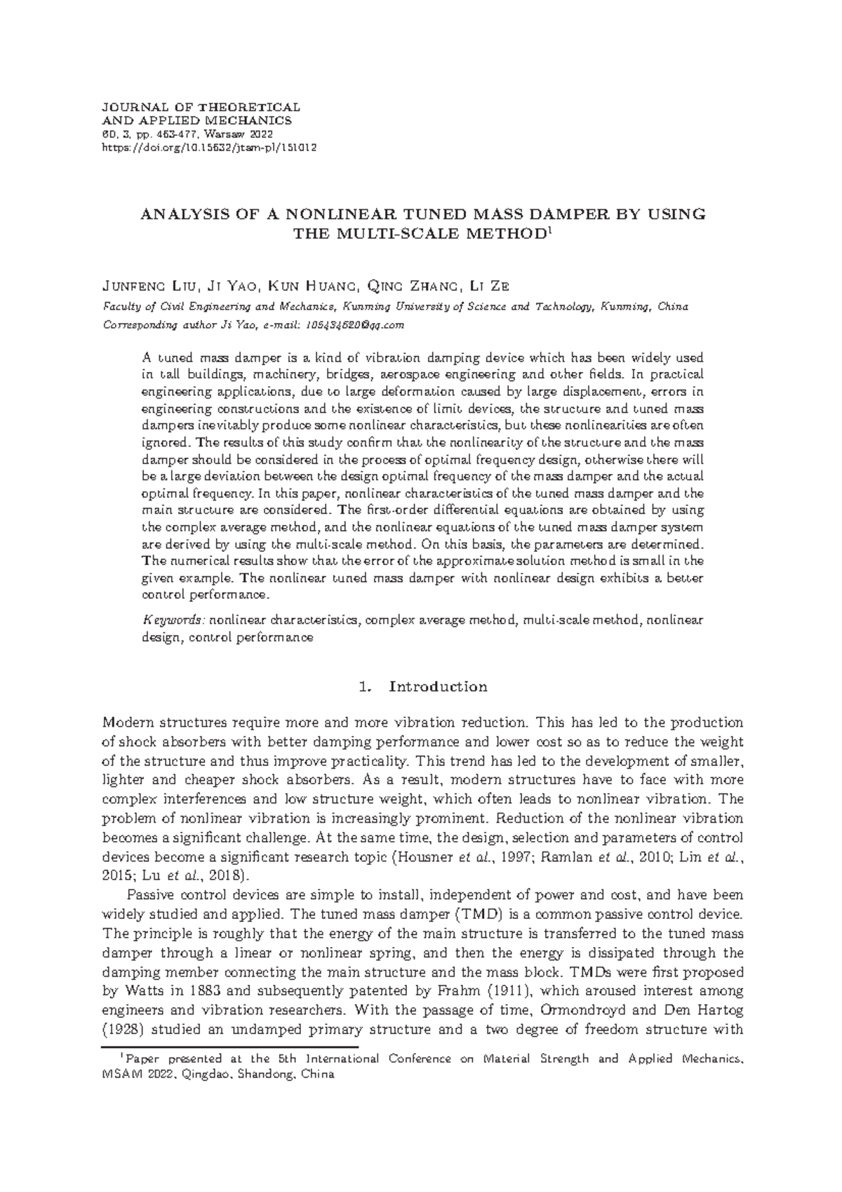 Analysis of a nonlinear tuned mass - JOURNAL OF THEORETICAL AND APPLIED ...