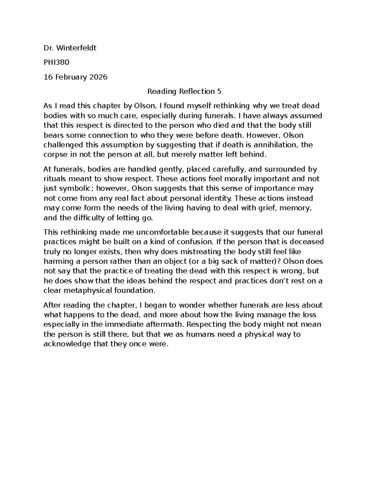 PHI380 Reading Reflection 5: Rethinking Funeral Practices - Studocu