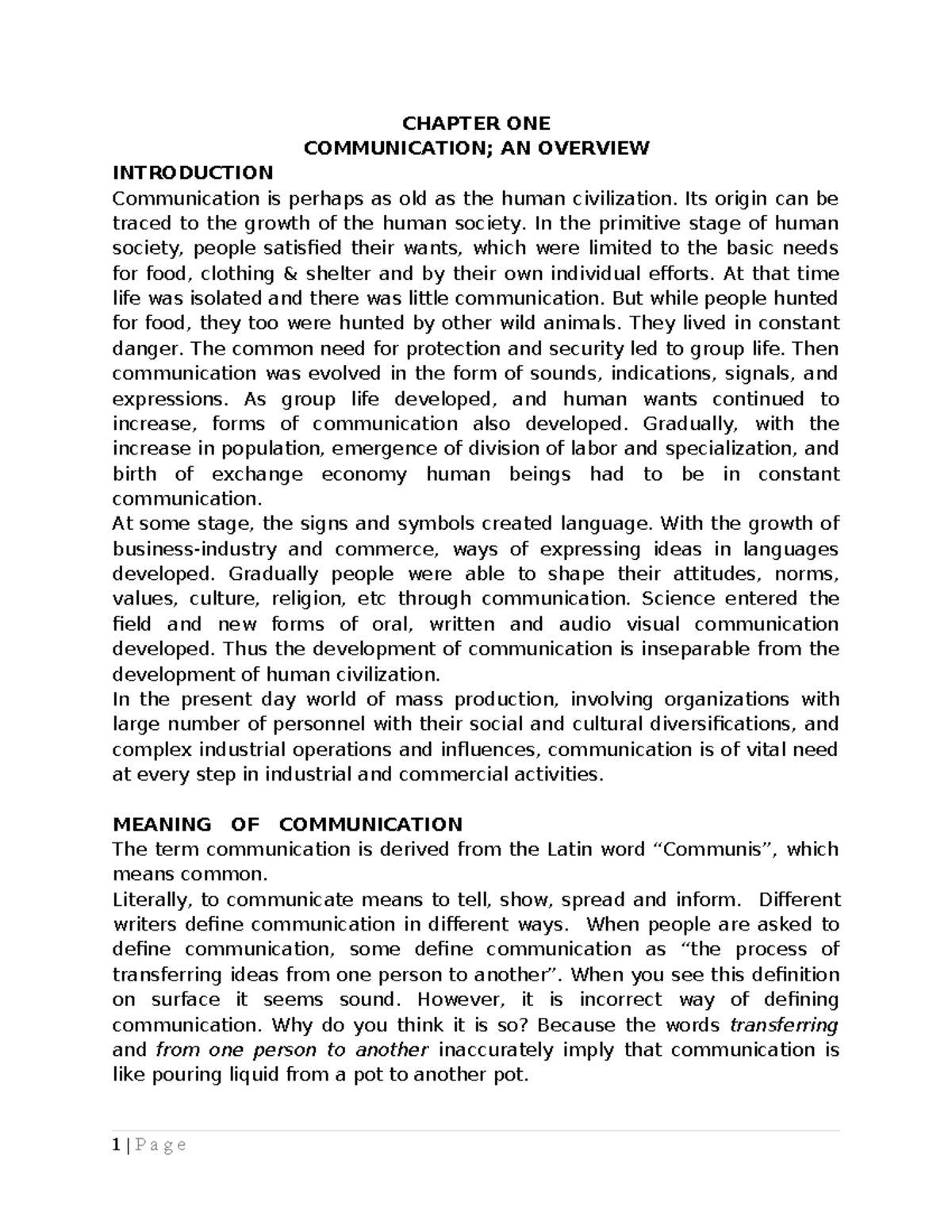 Communication chapter 1 - CHAPTER ONE COMMUNICATION; AN OVERVIEW ...