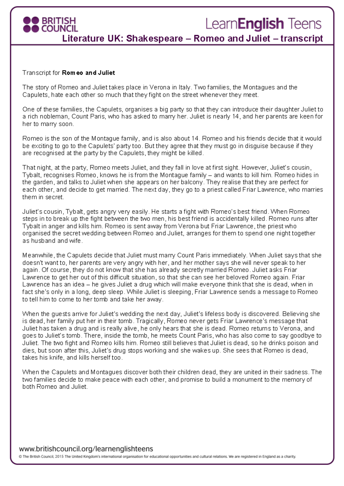 UK Literature: Transcript of Romeo and Juliet - A Tragic Love Story ...