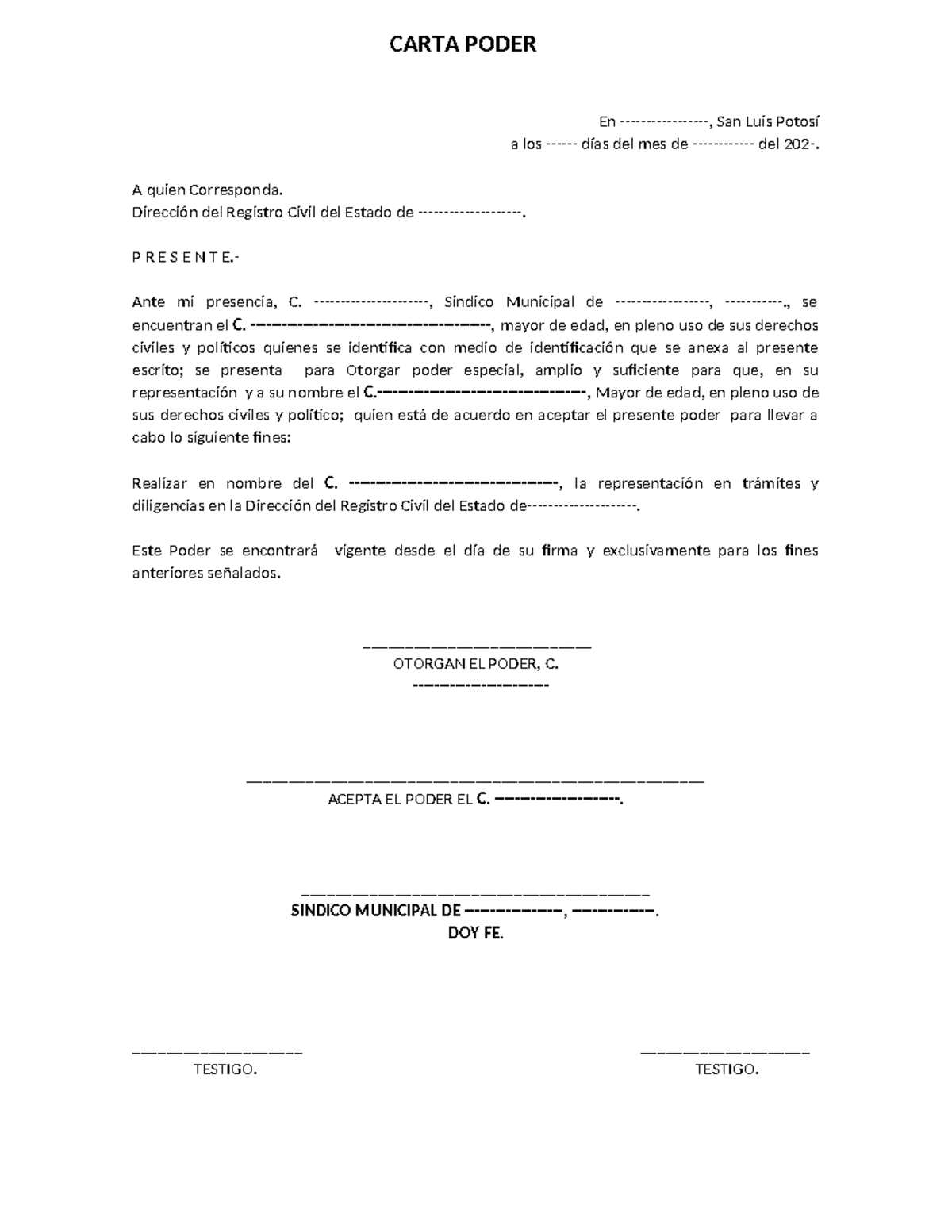 Carta Poder para Representación ante el Registro Civil - Studocu
