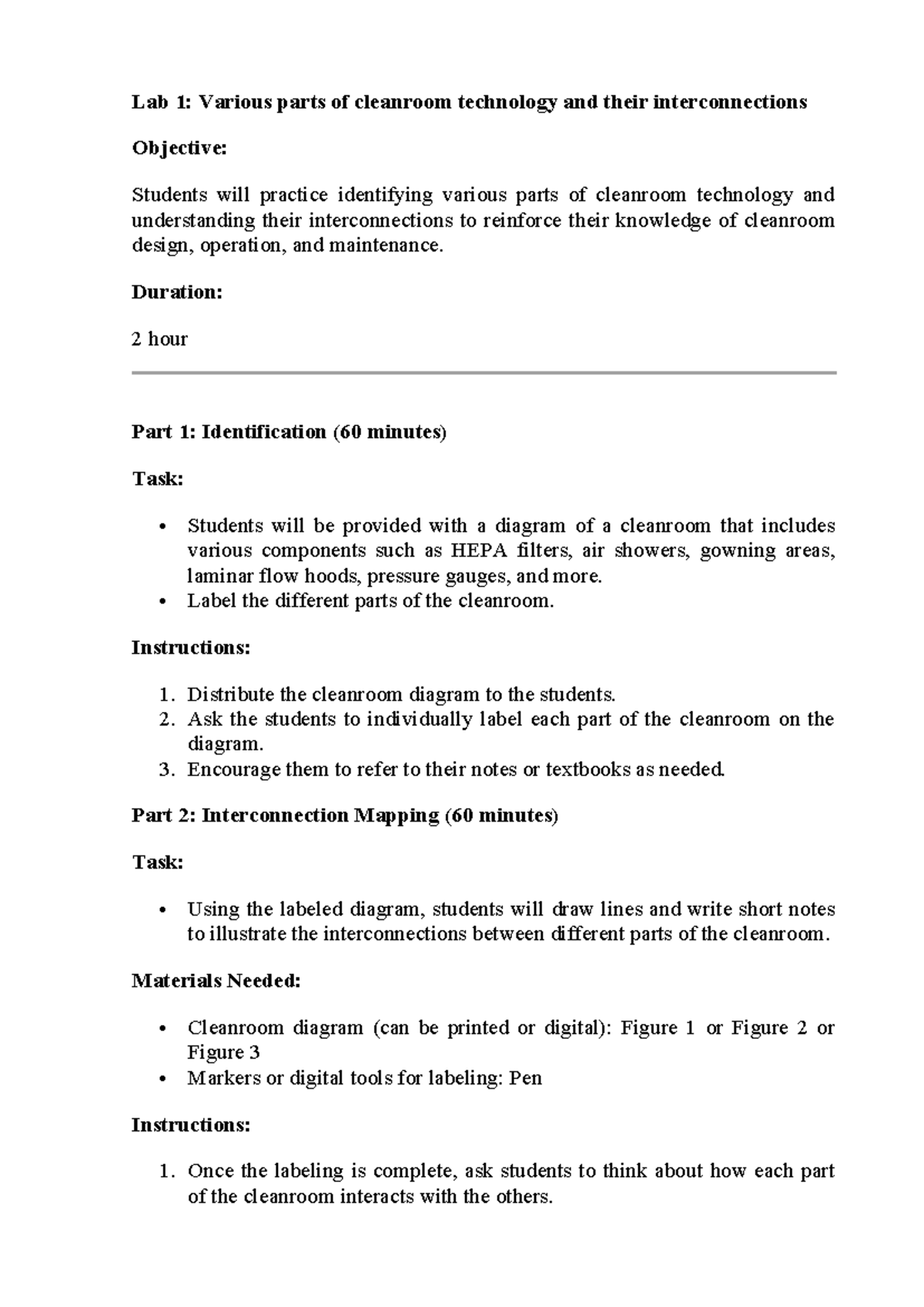 Y6510770 Lab 1 Various parts of cleanroom technology and their ...