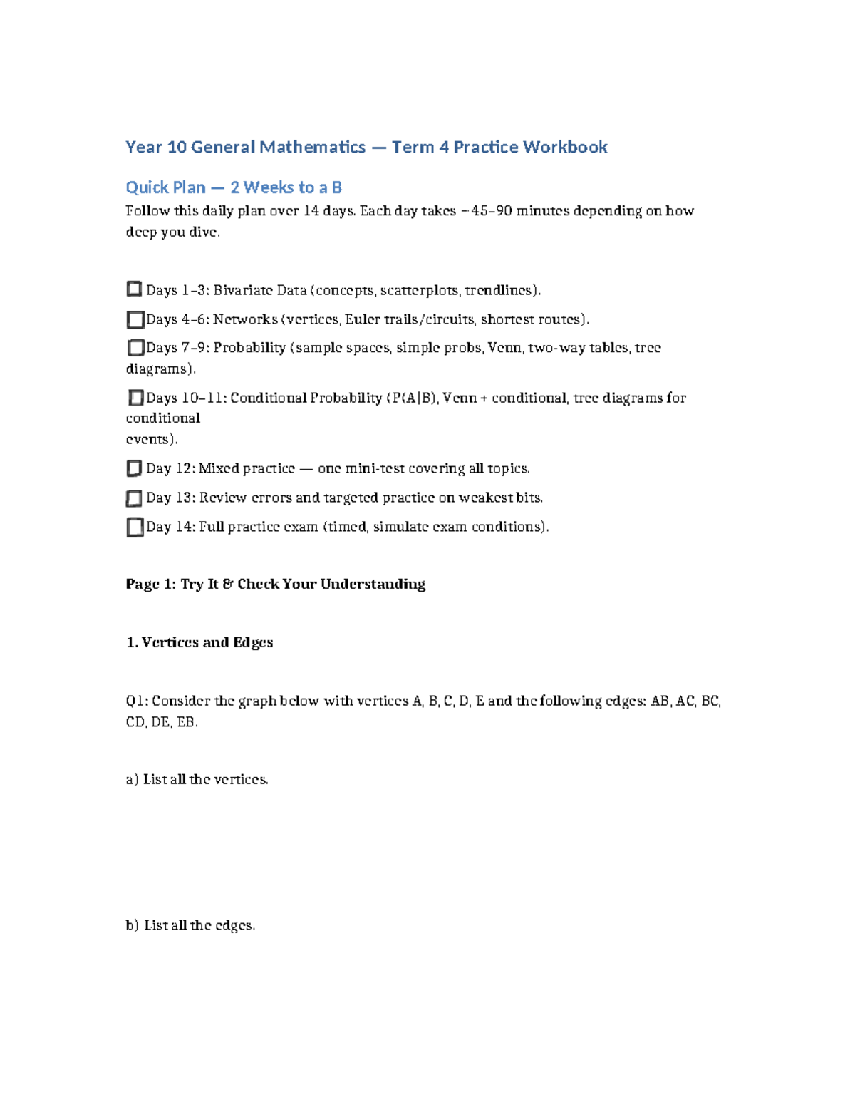 Year 10 General Maths Term 4 Practice: Bivariate Data & Networks - Studocu