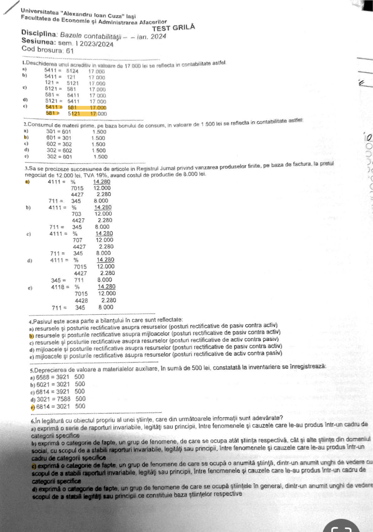 Brosura Conta 61 - Test Grilă Bazele Contabilității (an. 2024) - Document Preview