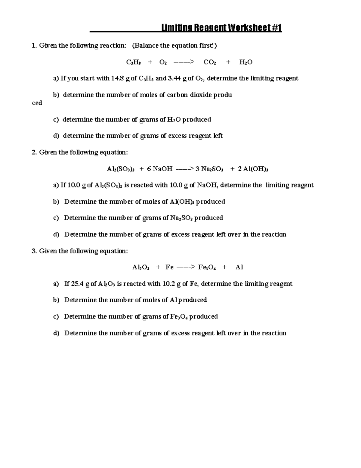 Limiting Reagent Worksheet 1-2: Stoichiometry Problems and Solutions ...