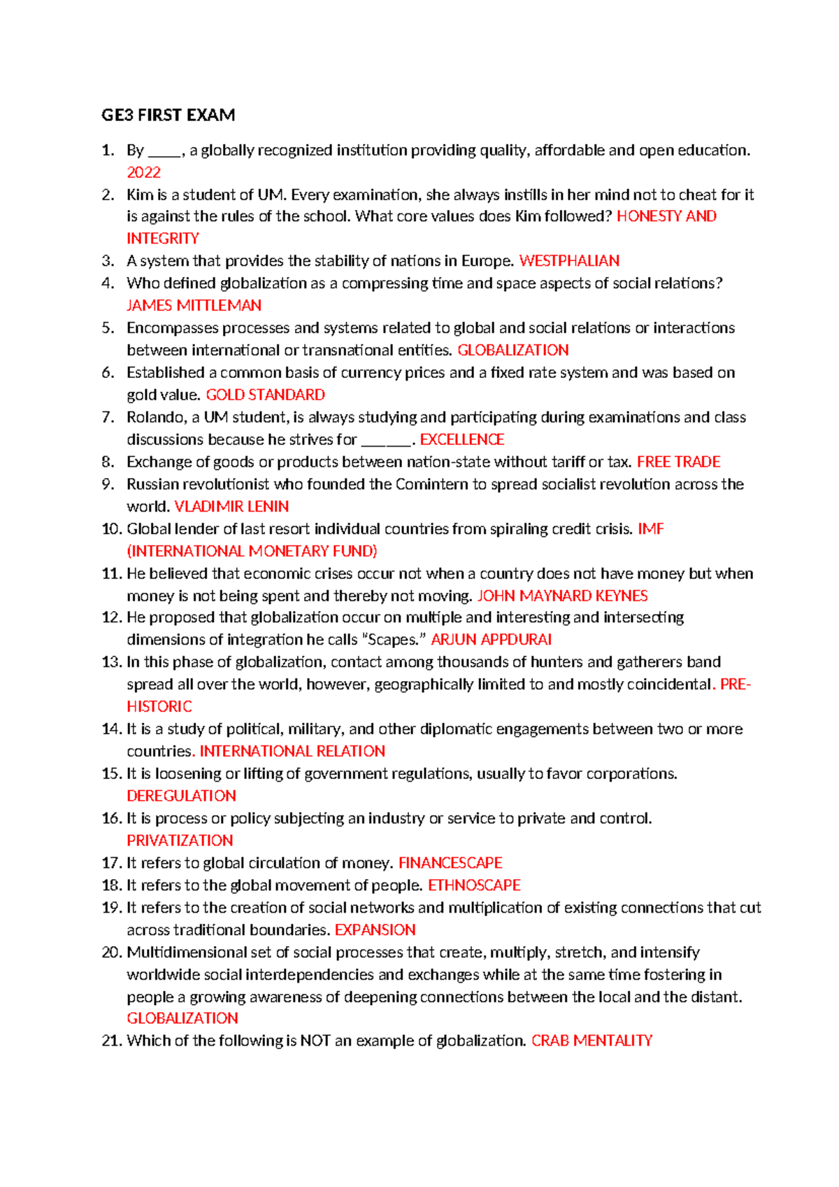 GE3 First Exam Review Notes: Key Concepts & Globalization Overview ...