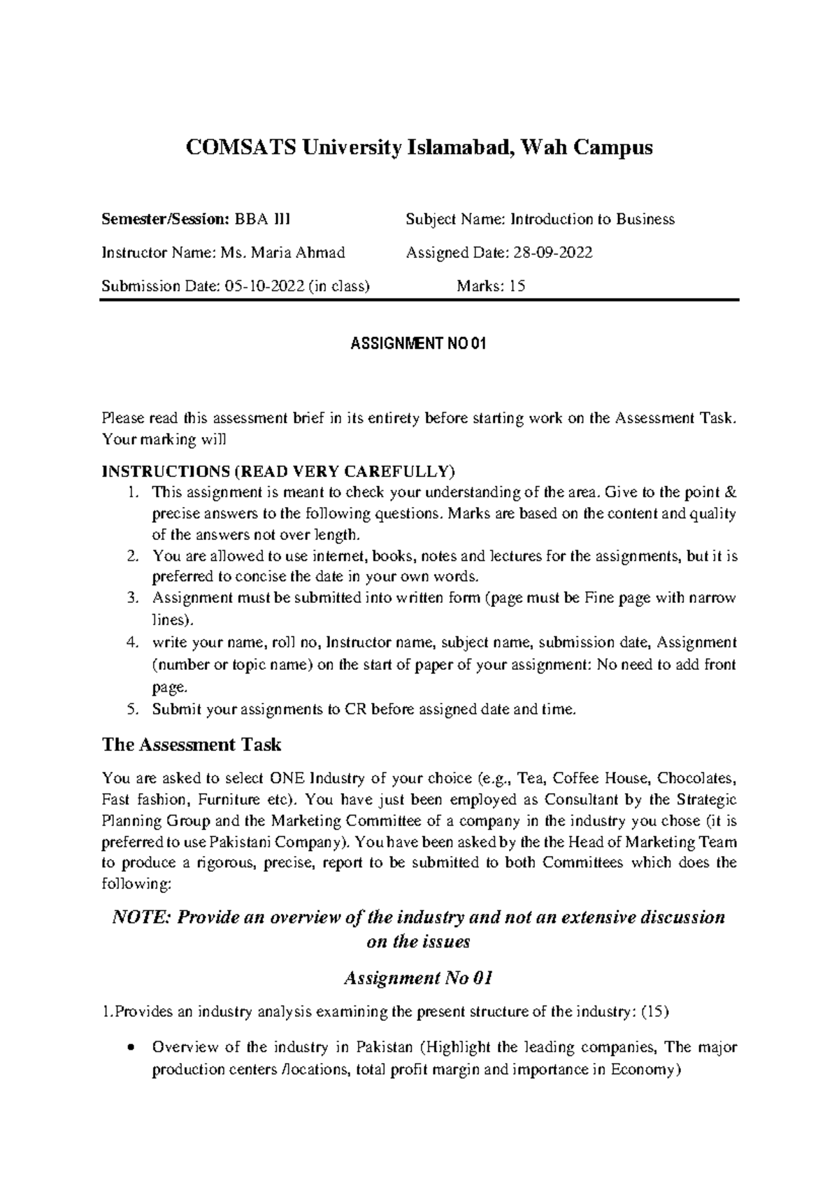 Assignment 01 - ASSIGNMET 1 - COMSATS University Islamabad, Wah Campus ...