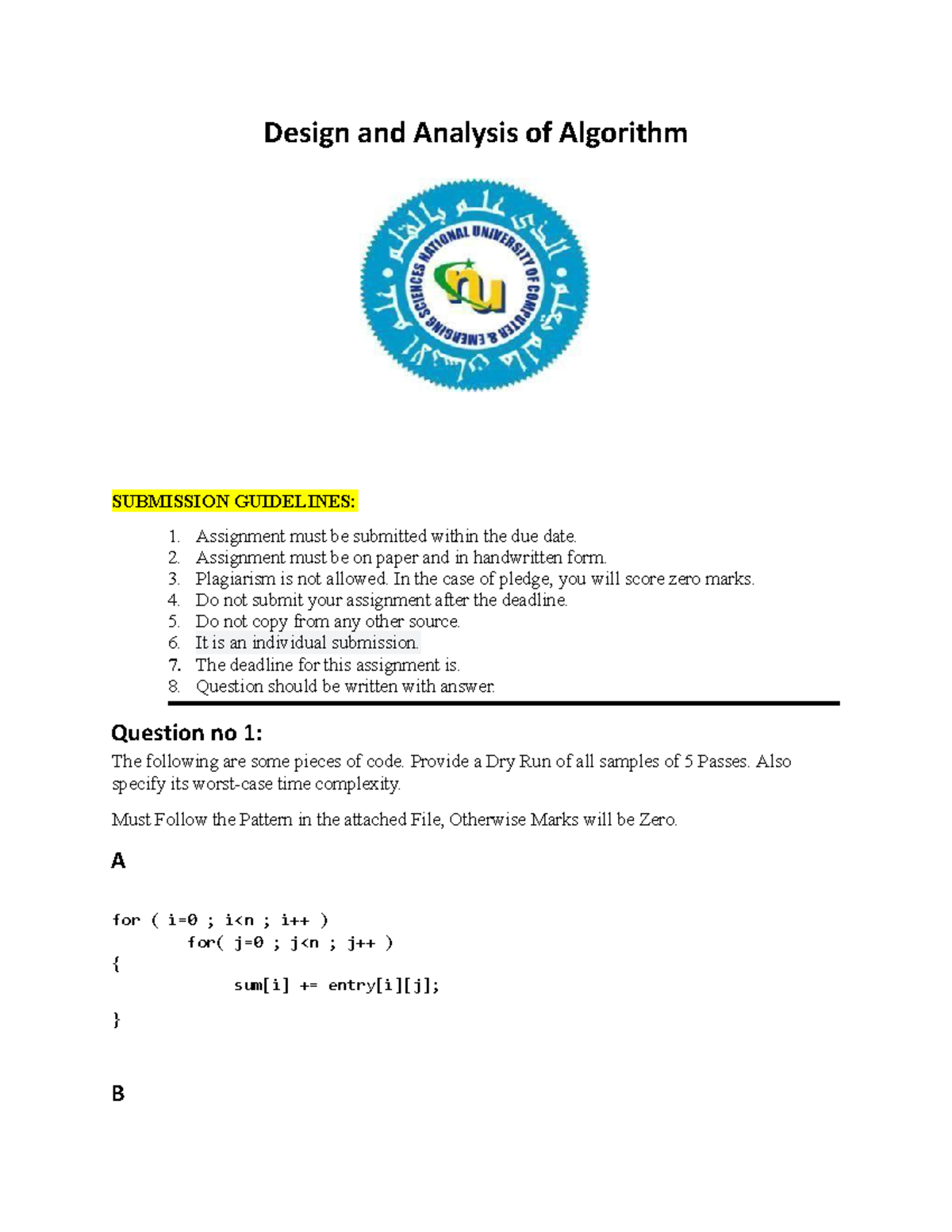 Design and Analysis of Algorithms - Assignment 2 Guidelines - Studocu