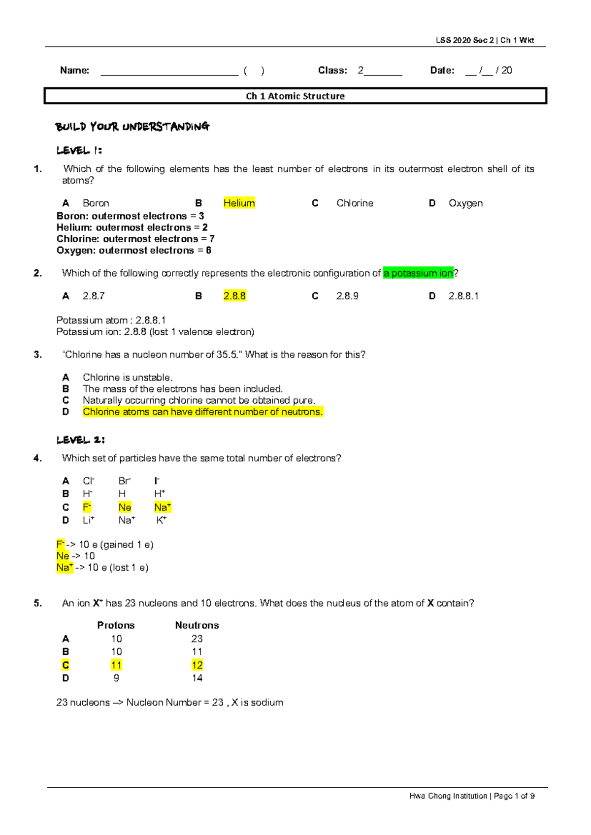 LSS 2020 Sec 2 Ch 1 Atomic Structure Worksheet Answers - Studocu