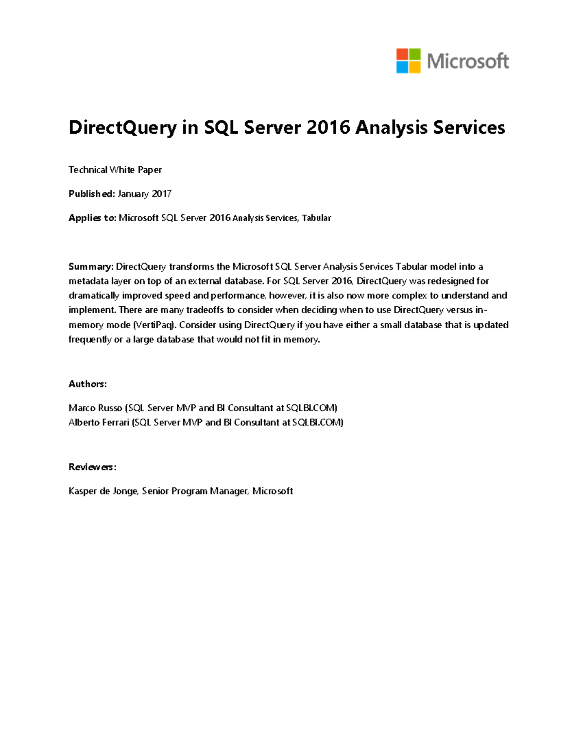 Direct Query in Analysis Services - Whitepaper - DirectQuery in SQL ...
