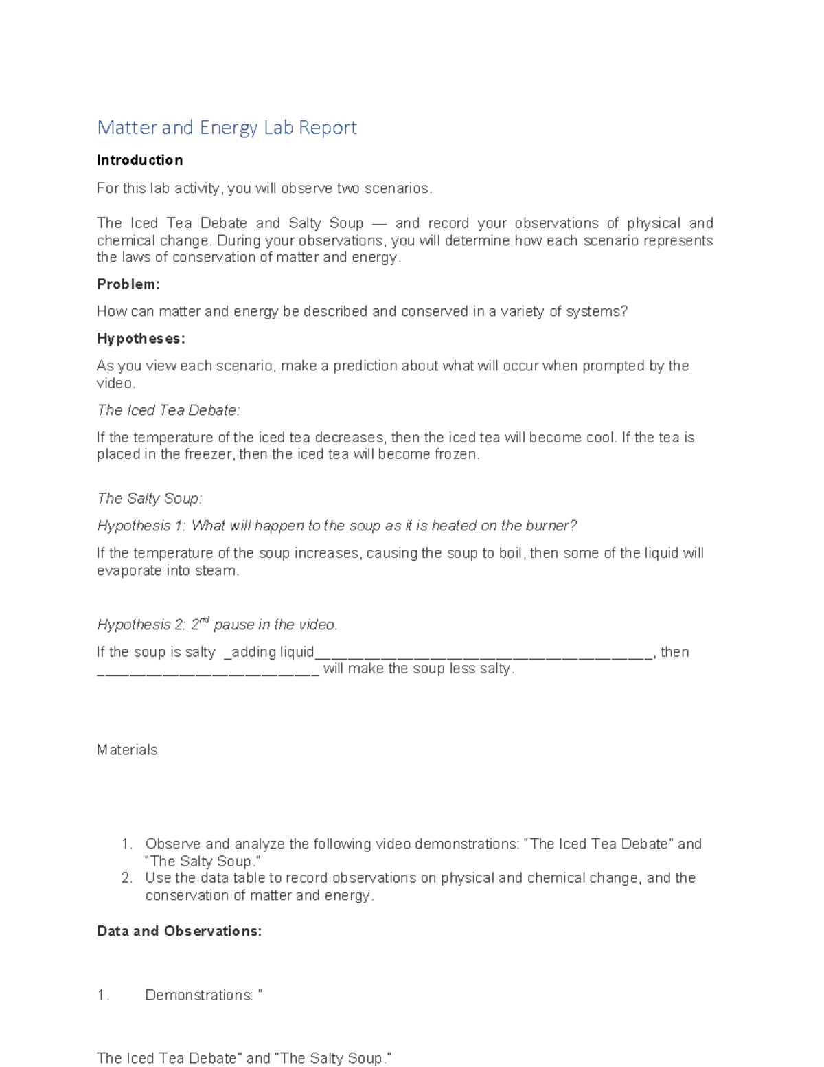 Matter energy lab report 1 - Matter and Energy Lab Report Introduction ...