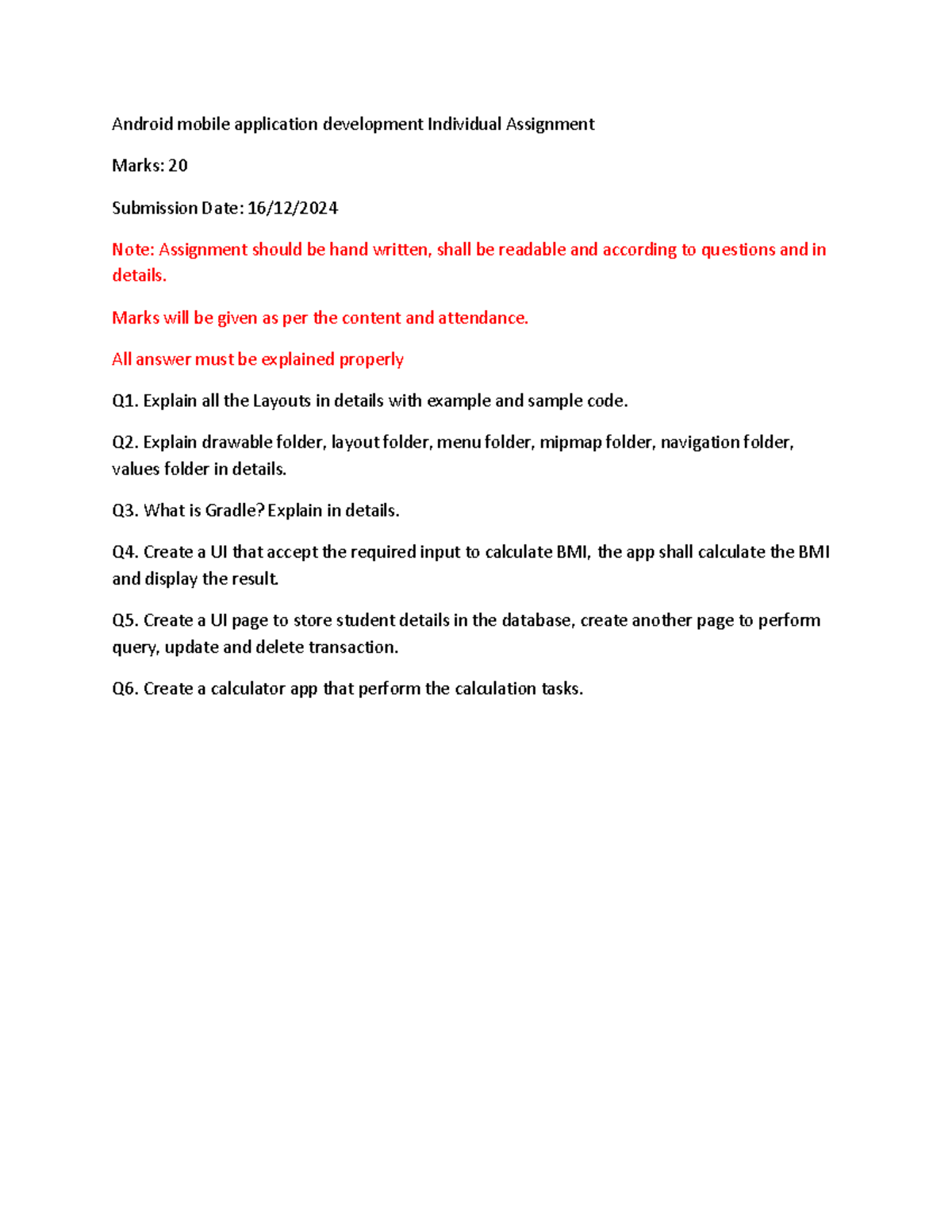 Android mobile application development Individual Assignment - Marks ...