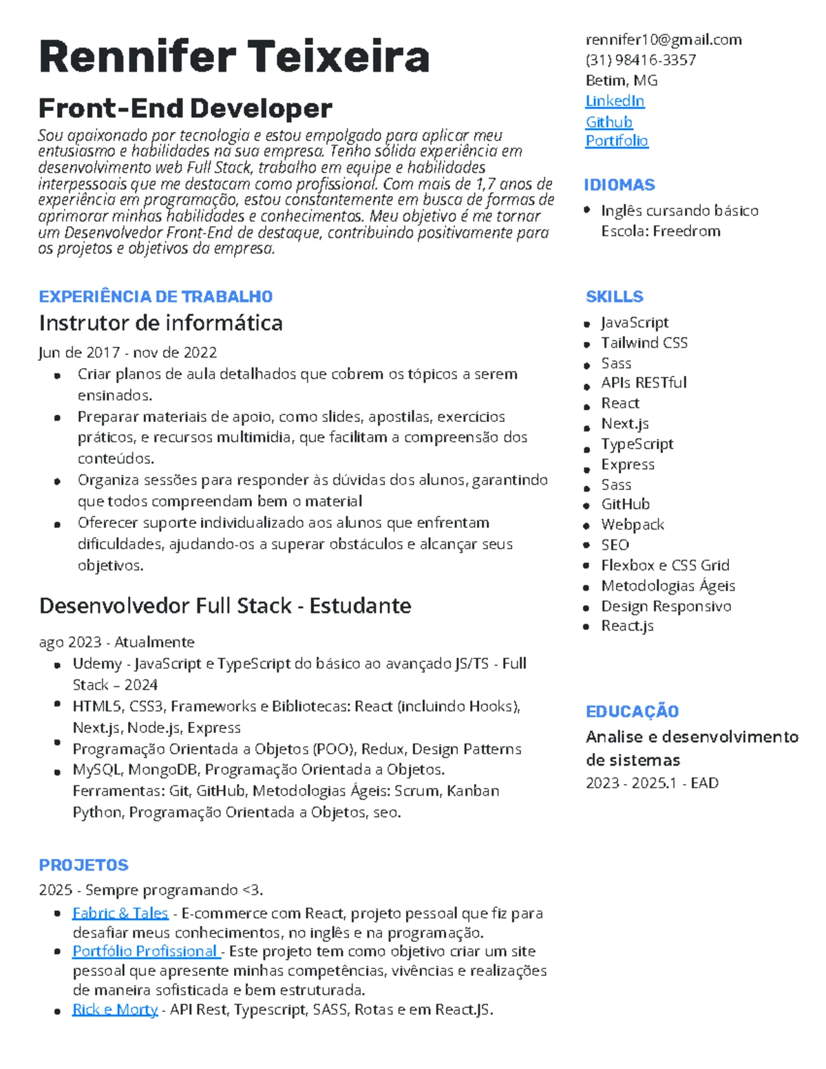 Rennifer Teixeira - Desenvolvedor Full Stack Junior - Portfólio 2023 ...