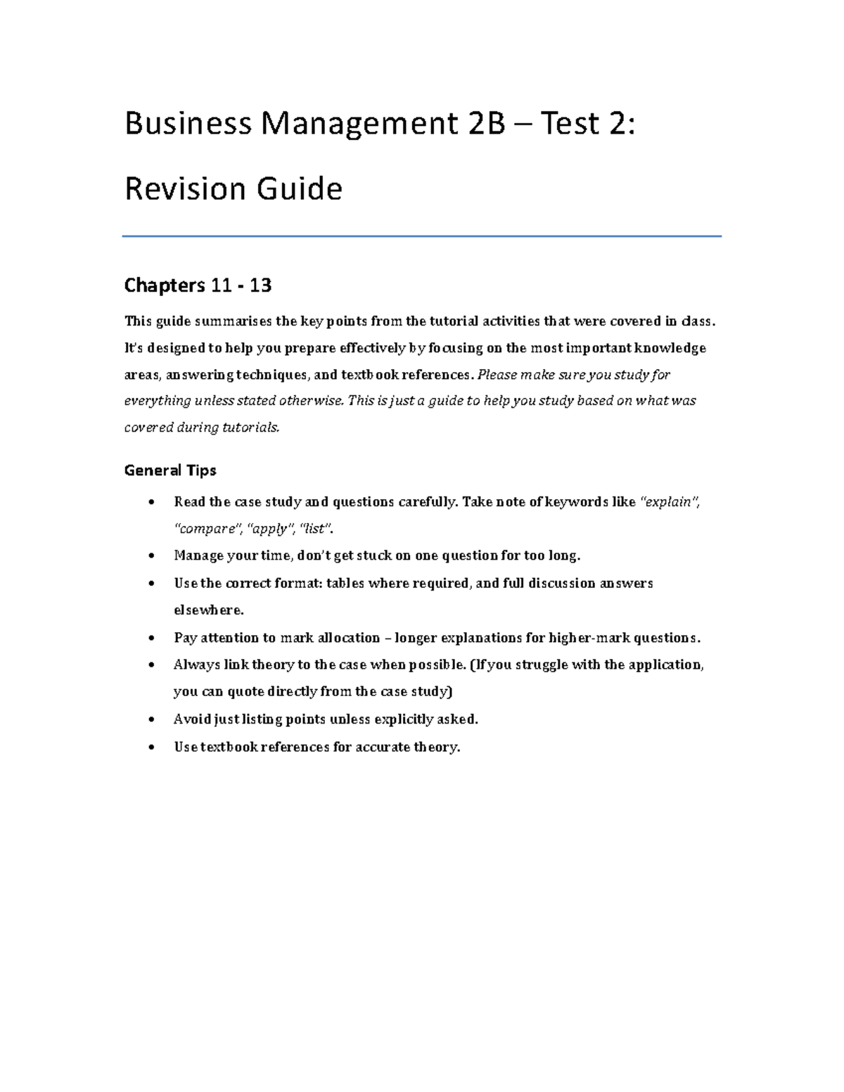 BMA2B Test 2: Revision Guide for Chapters 11-13 in Business Management ...
