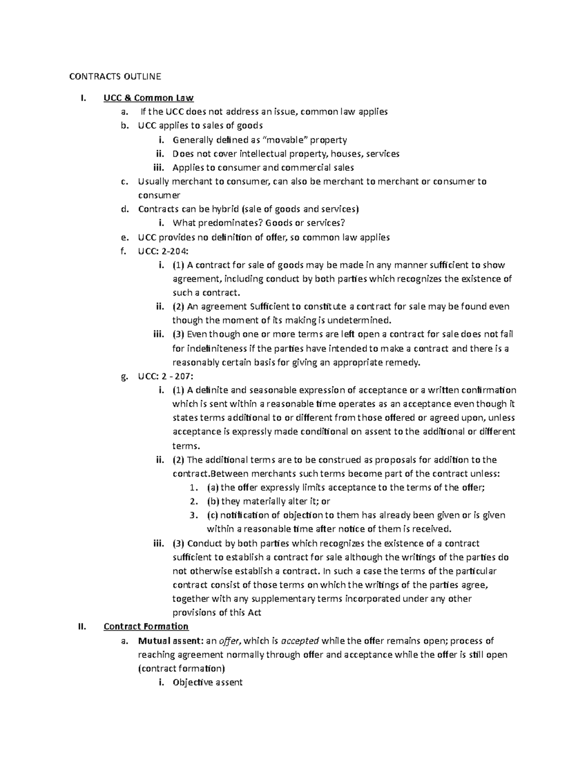 Contracts Outline for Understanding UCC and Common Law Concepts - Studocu