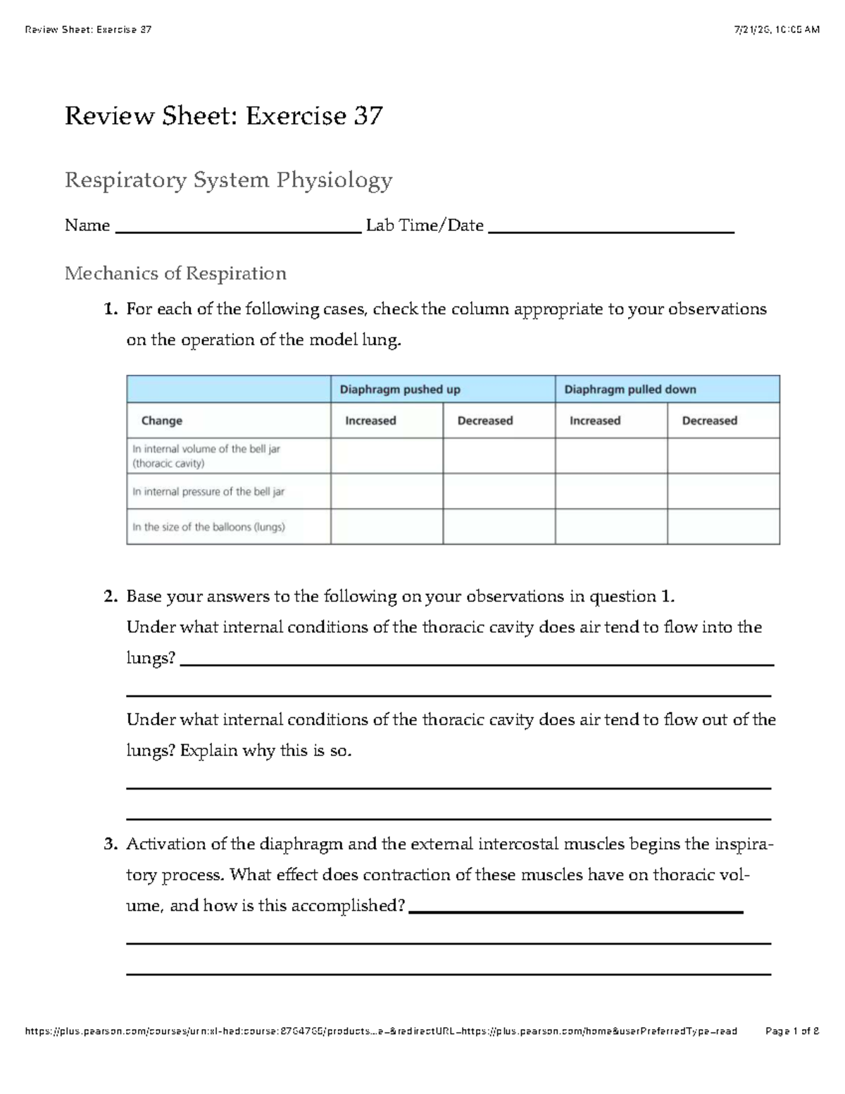 Respiratory System Physiology Review Sheet: Exercise 37 - Studocu