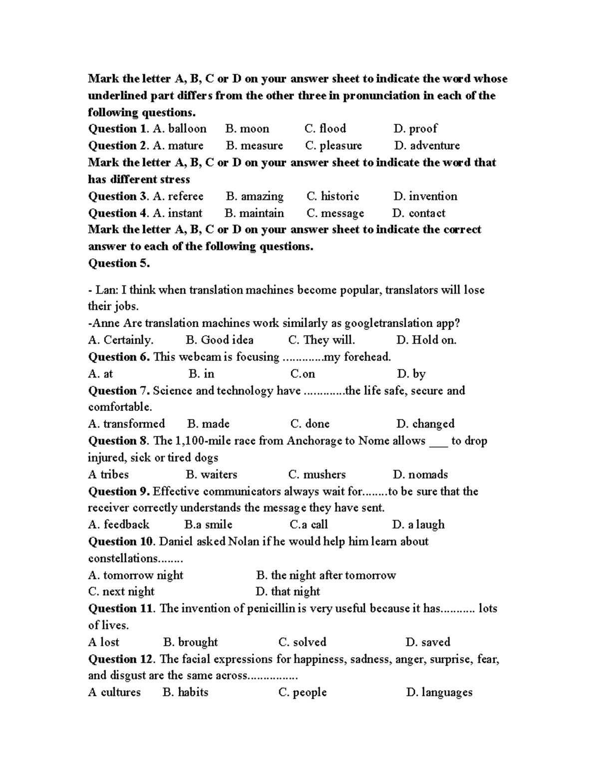 English Test 4: Pronunciation, Stress, and Comprehension Questions ...