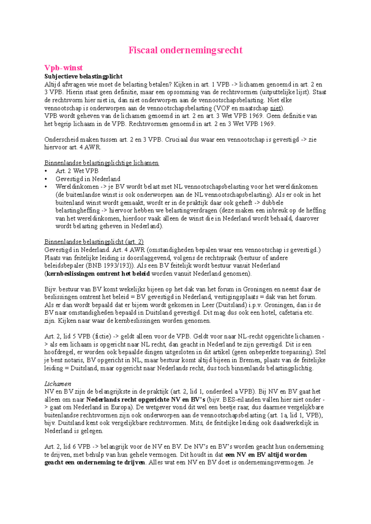 Fiscaal Ondernemingsrecht: Aantekeningen VPB en Belastingplicht ...
