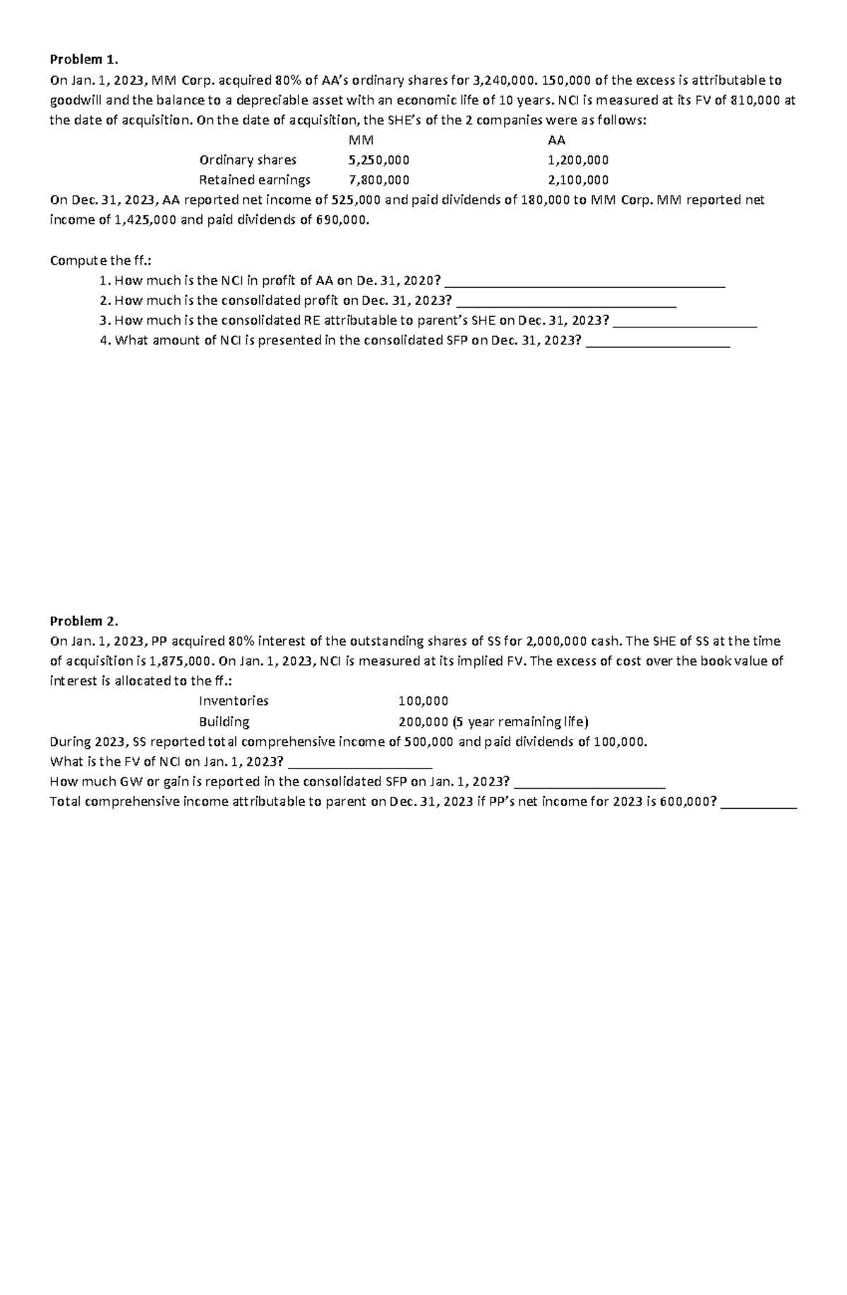Consolidation Practice Problems for ACC 202: NCI & Goodwill Analysis ...