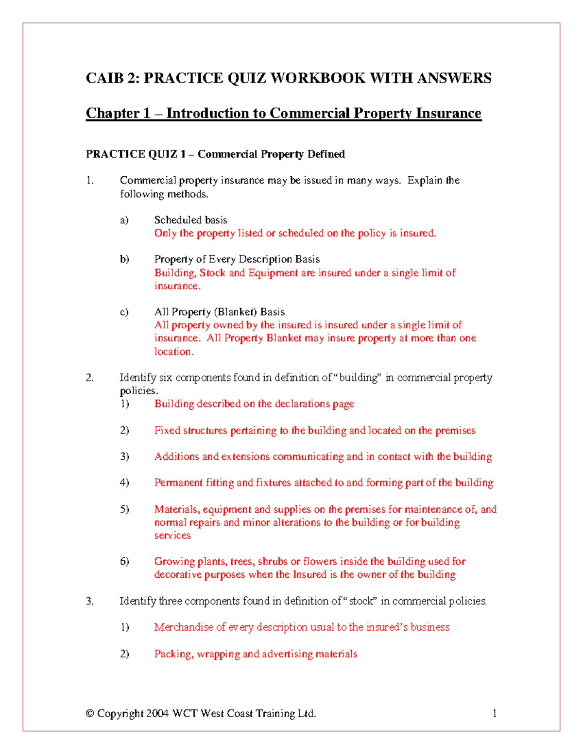 CAIB 2: Chapter 1 Workbook Answers on Commercial Property Insurance ...