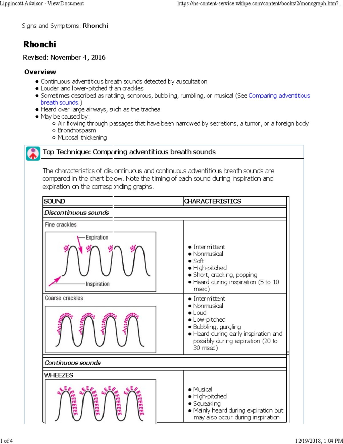 Rhonchi - Notes for N Clex preparation - Lippincott Advisor - View ...