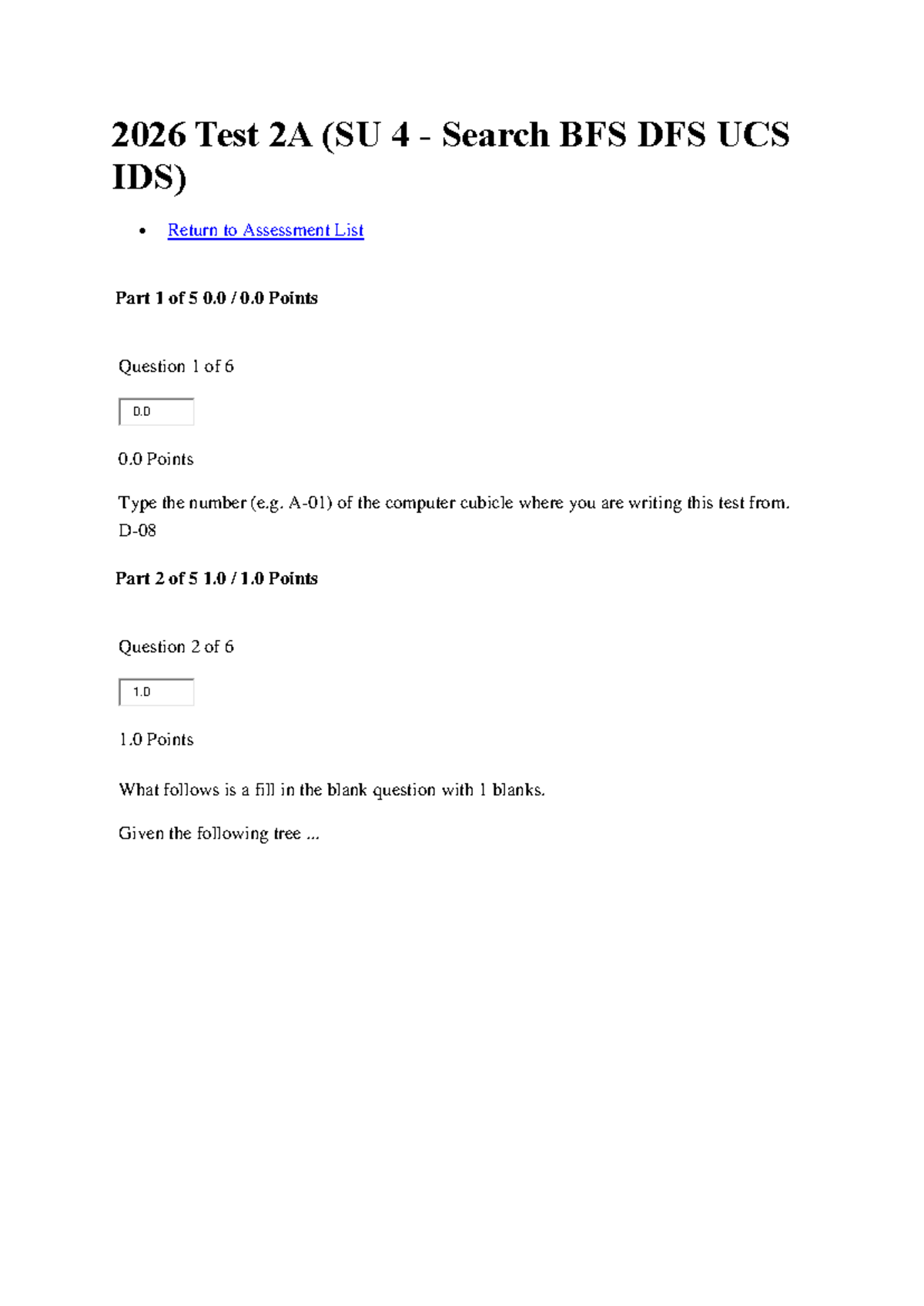 2026 Test 2A - Search Algorithms Assessment (BFS, DFS, UCS, IDS) - Studocu