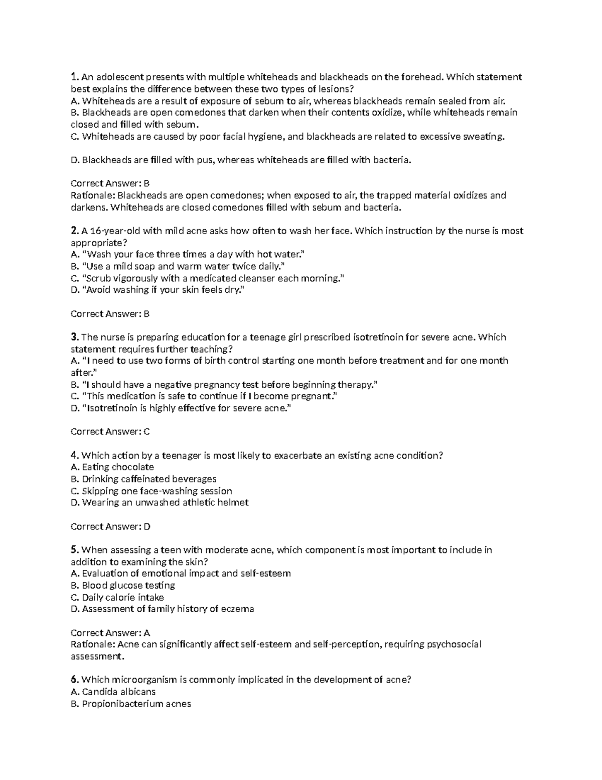 Ch 36: Acne and Eczema Assessment Questions and Answers - Studocu