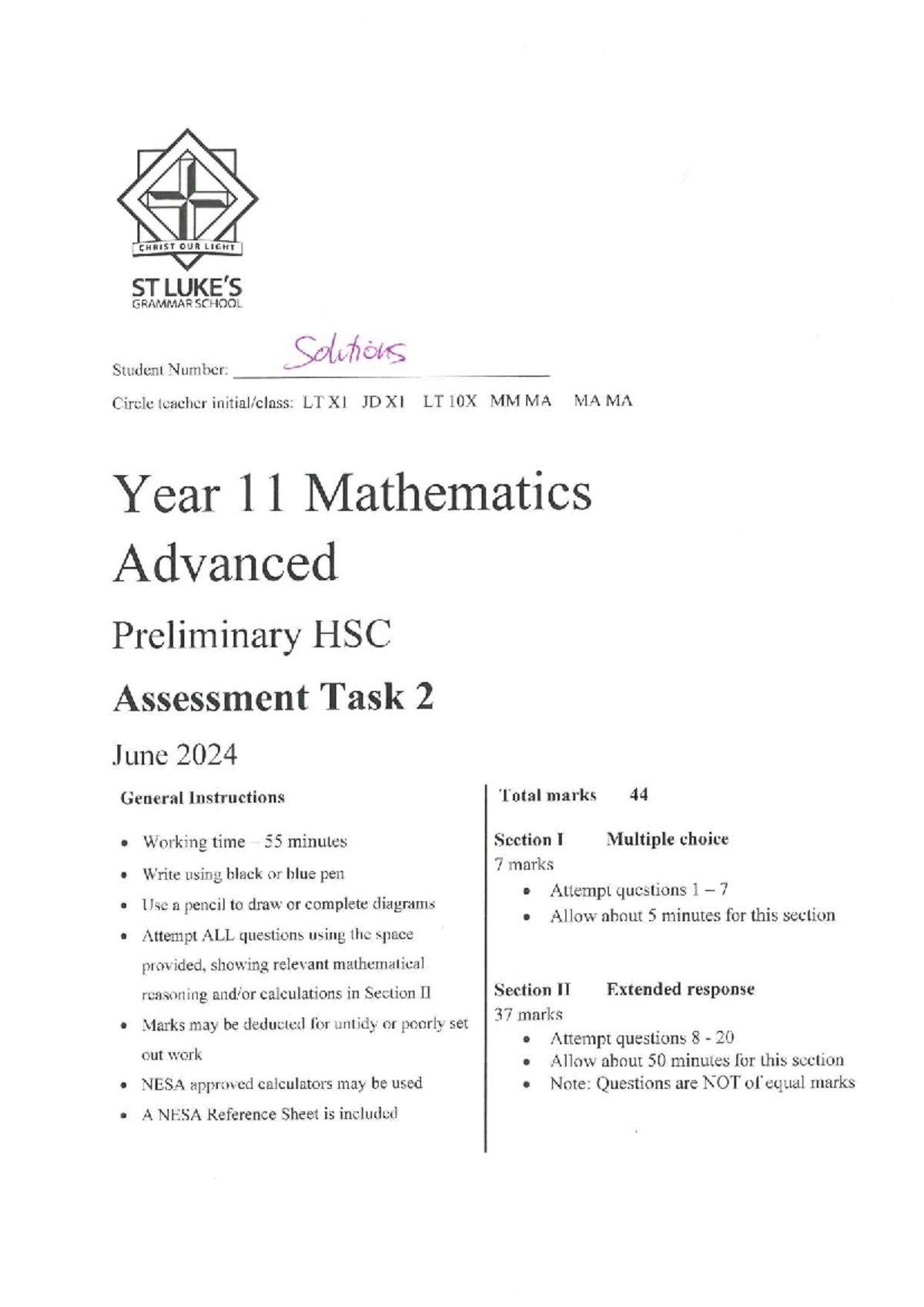 Year 11 Mathematics Advanced HSC Assessment Task 2 Solutions 2024 - Studocu