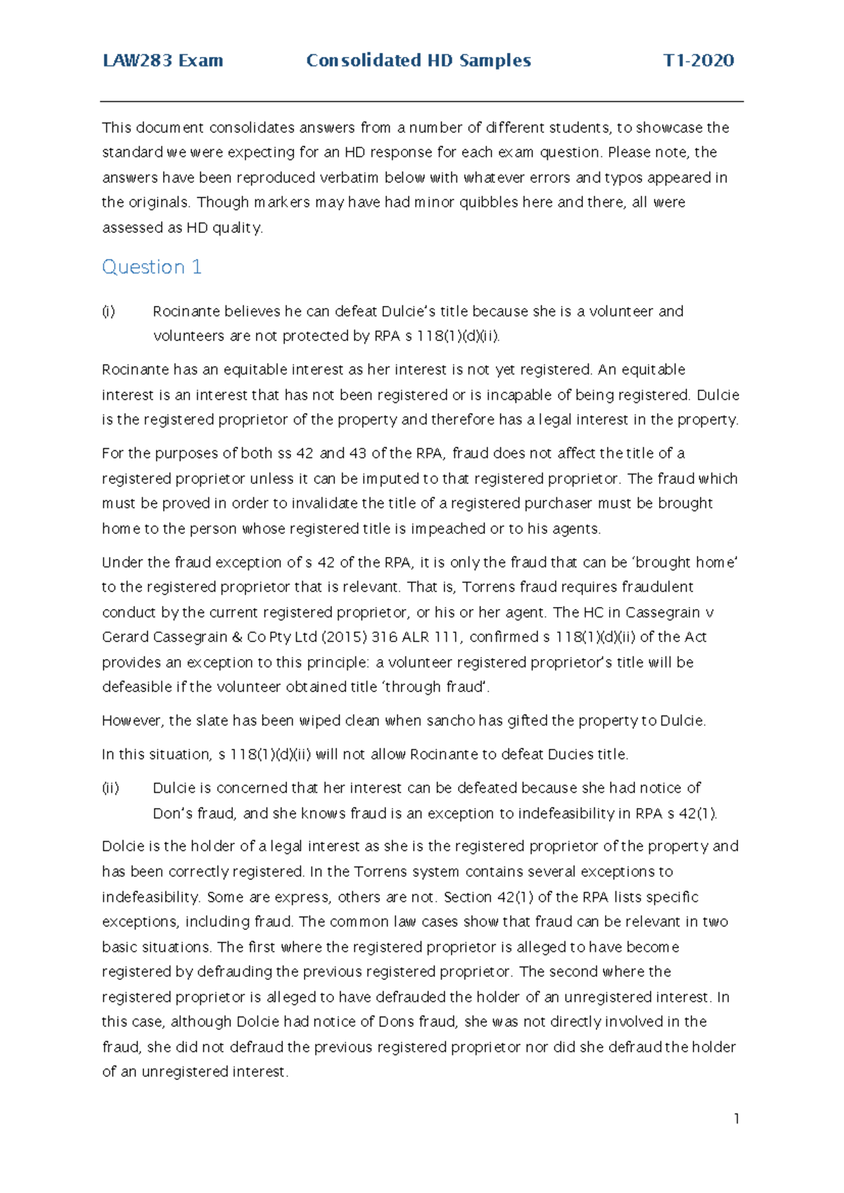HD Law283 Sample Exam Responses for T1 2020 - High Distinction Level - Document Preview