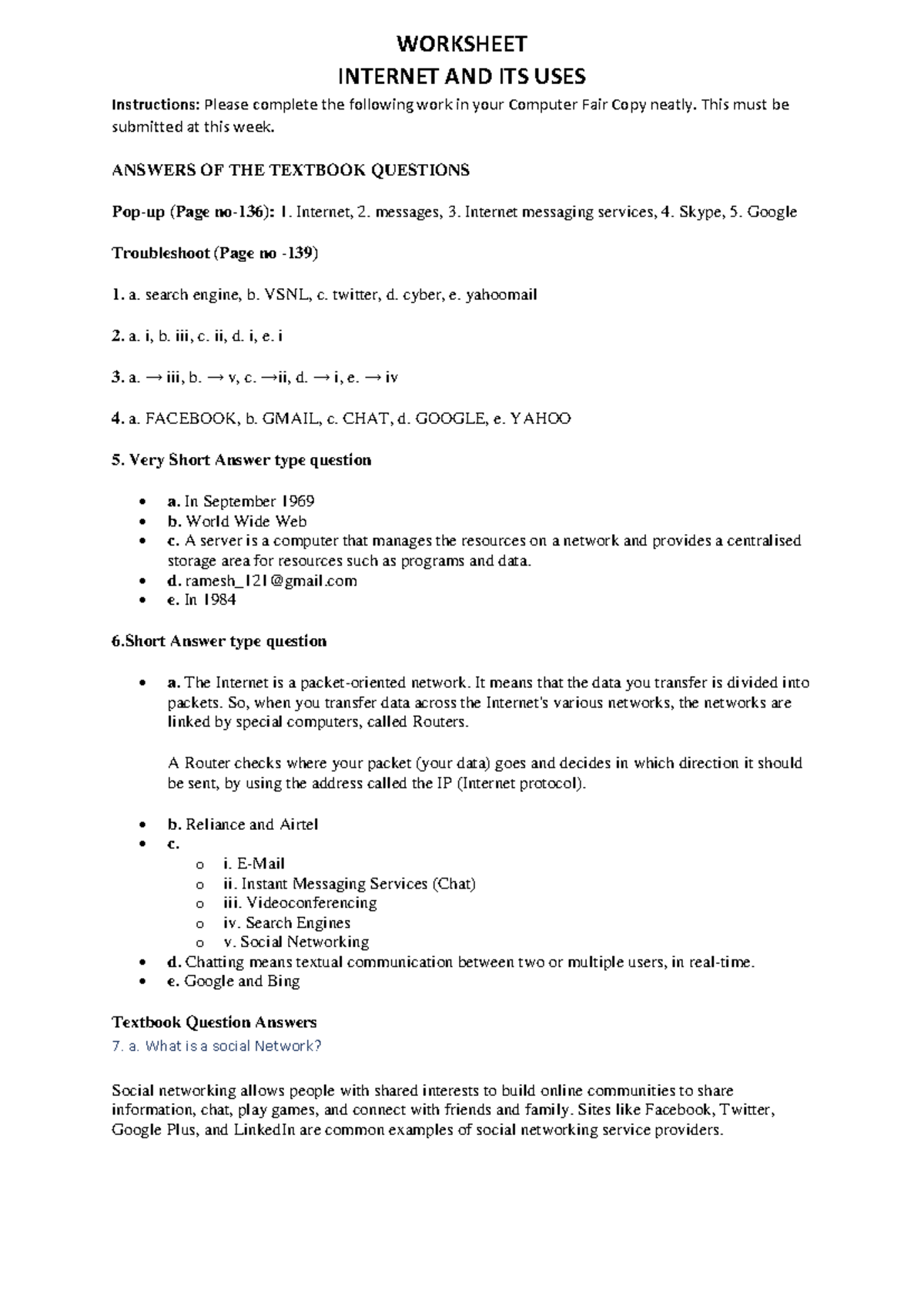 Worksheet for Class 6: Internet and Its Uses - Studocu