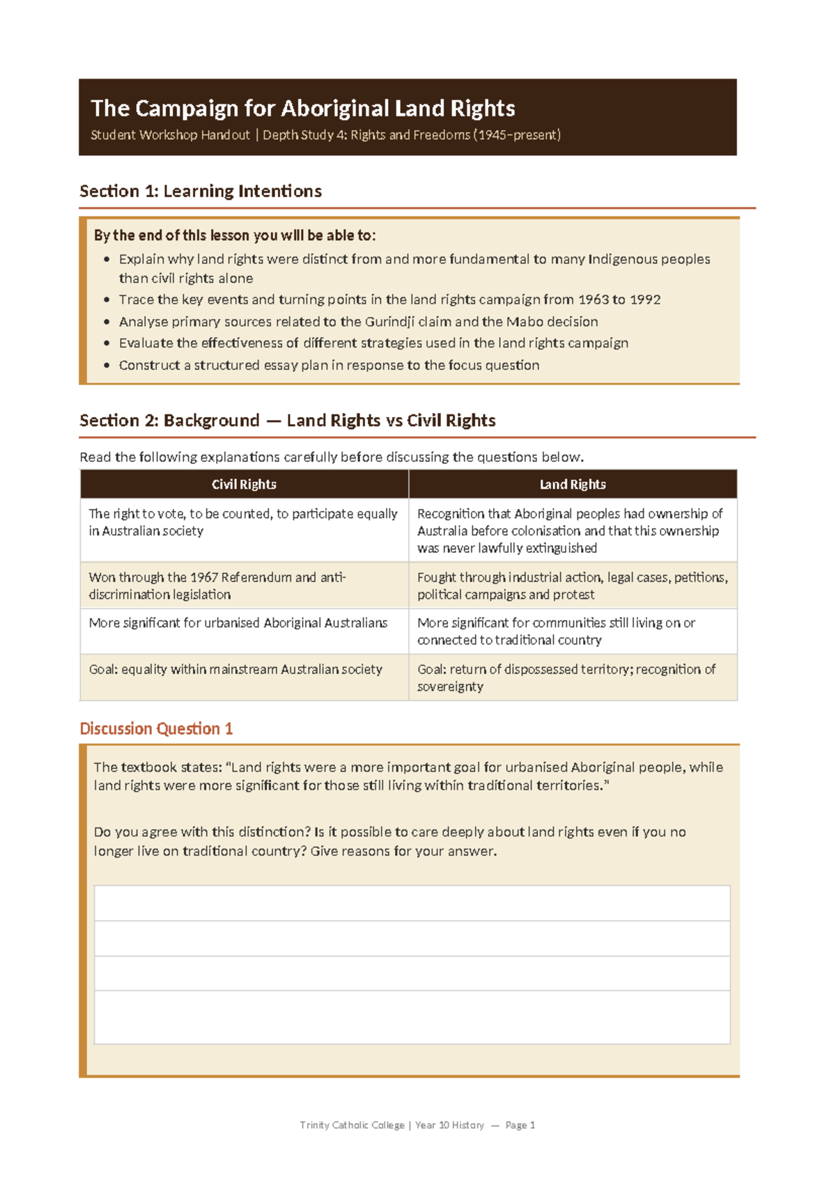Land Rights Campaign Overview: Student Workshop Handout (Depth Study 4 ...
