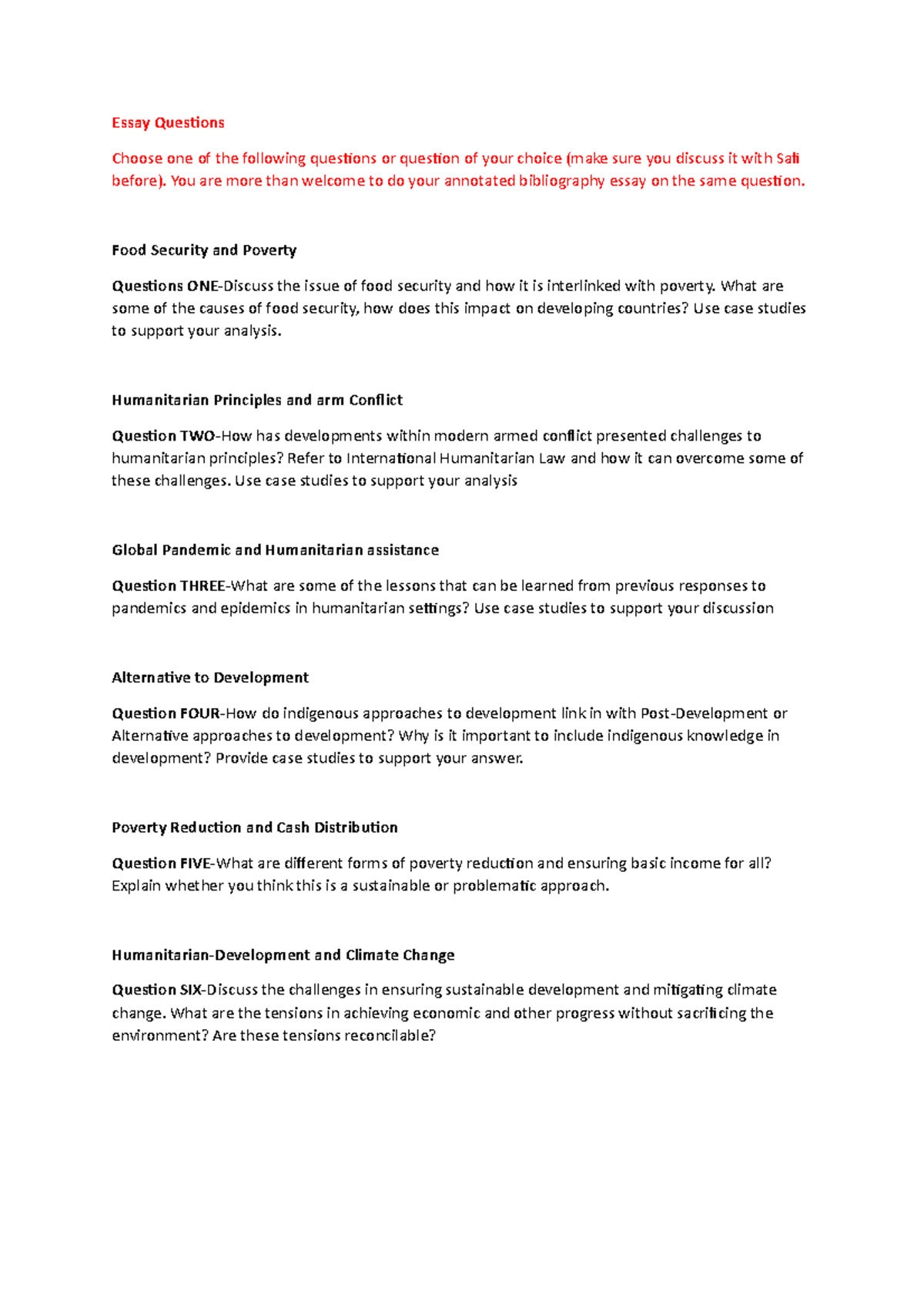 Essay Questions: Exploring Food Security, Poverty, and Humanitarian ...