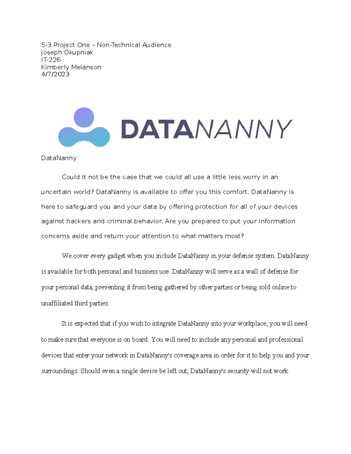 5-3 Project One: DataNanny for Non-Technical Users - Studocu
