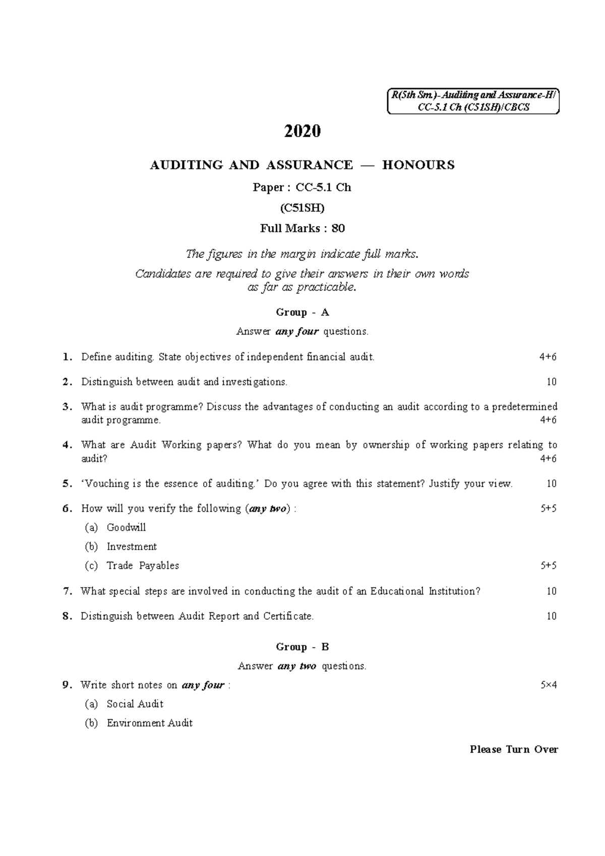 2020 BCOM HONS Sem-5 Auditing & Assurance Exam Paper (C51SH) - Studocu