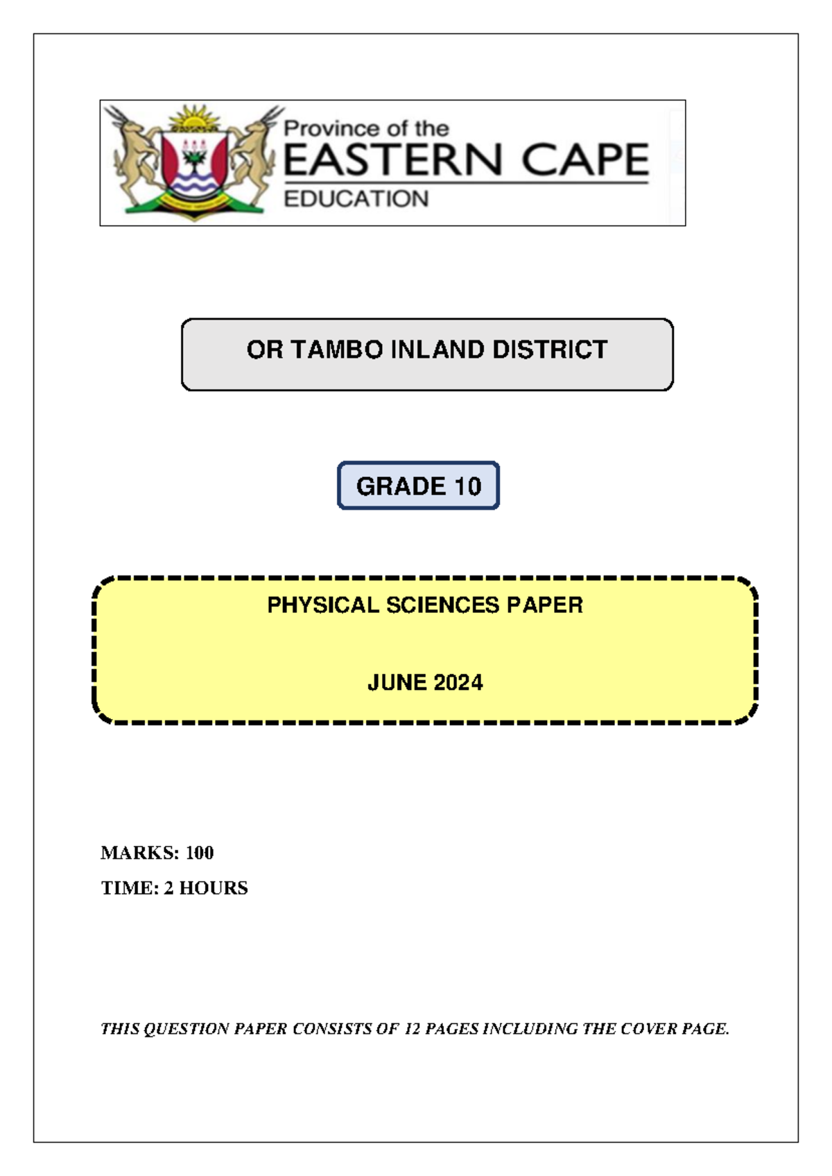 Grade 10 Physical Sciences June Exam Paper 2024 - ORID - Studocu