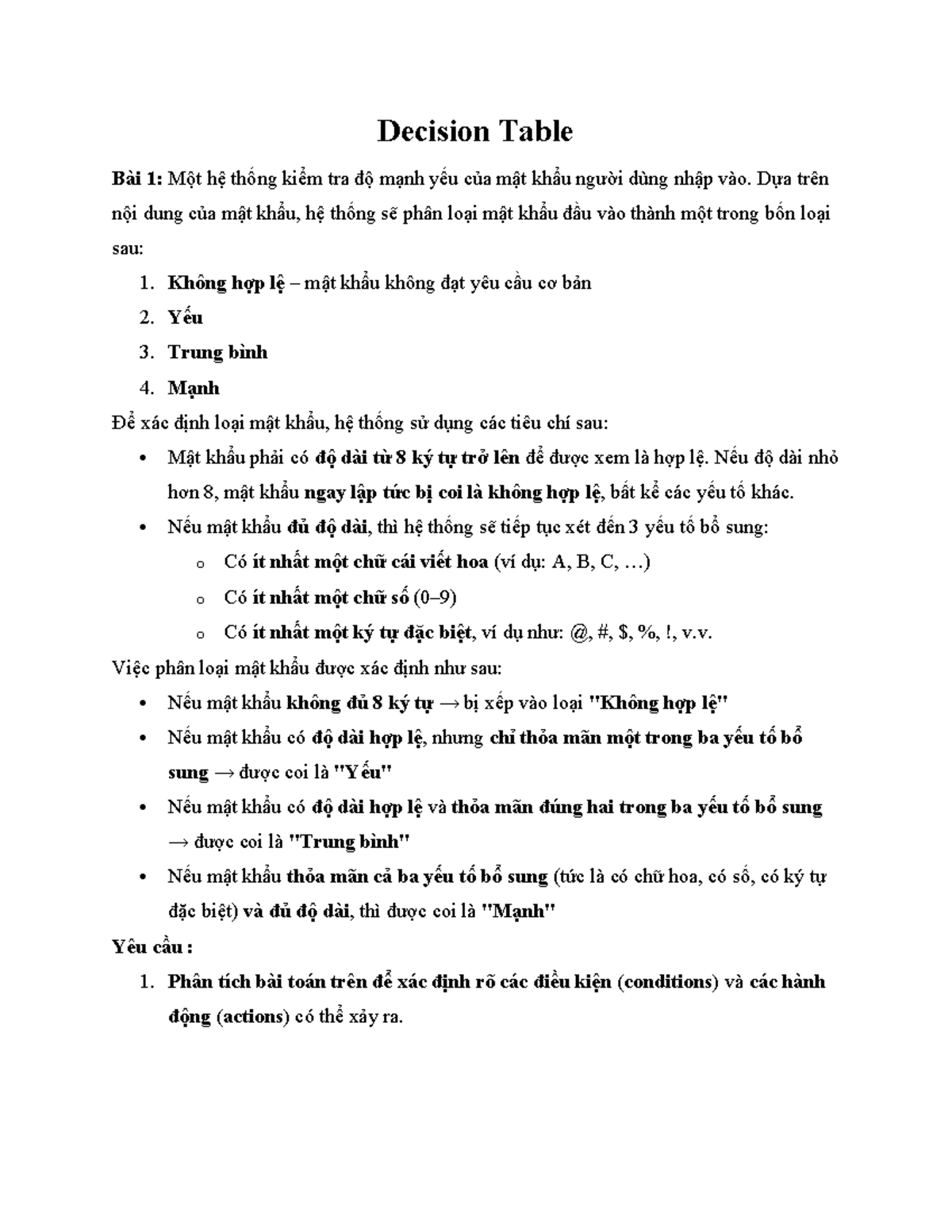 Decision Table Bài 1: Phân loại mật khẩu và Bài 2: Rút tiền ATM - Studocu