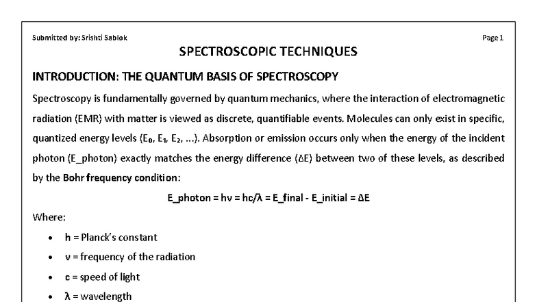 SPECTROSCOPIC TECHNIQUES: A Comprehensive Overview for CHEM 101 - Studocu