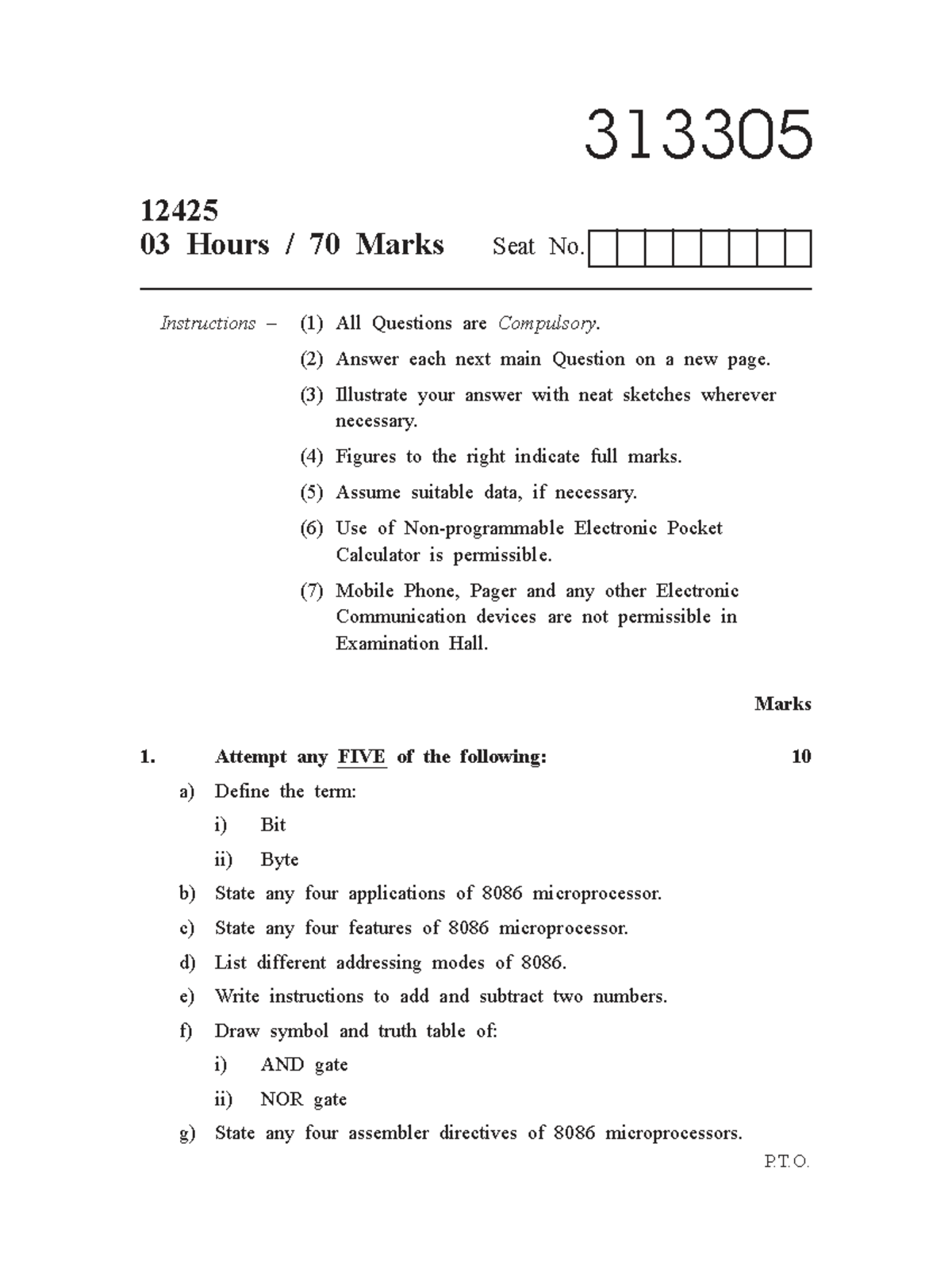 313305 - DTM Exam Paper: 70 Marks, 03 Hours, PYQ - Studocu