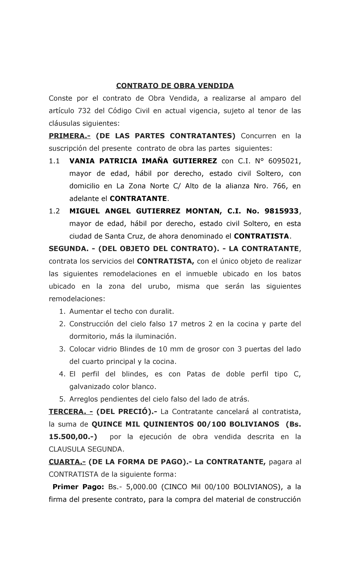 Contrato de Obra Vendida entre Vania Gutierrez y Miguel G. Montan - Studocu