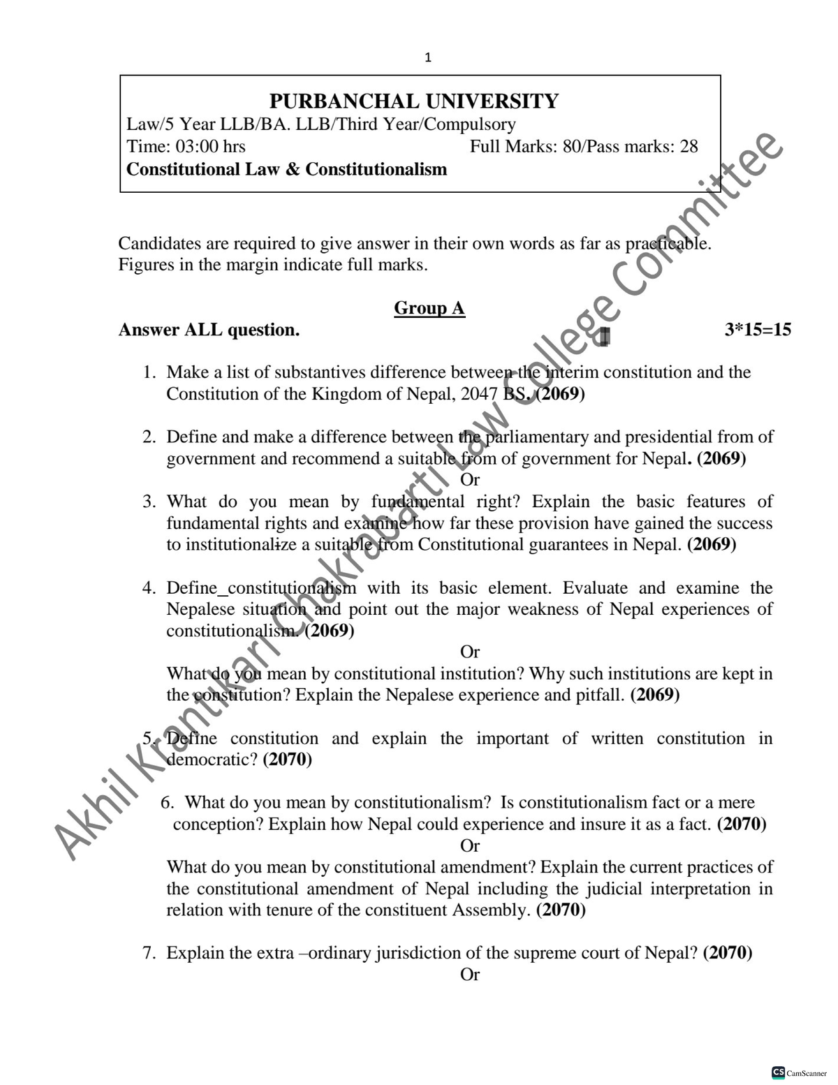 B.A.LLB 3rd Year Questions Bank -2081: Constitutional Law & Human ...