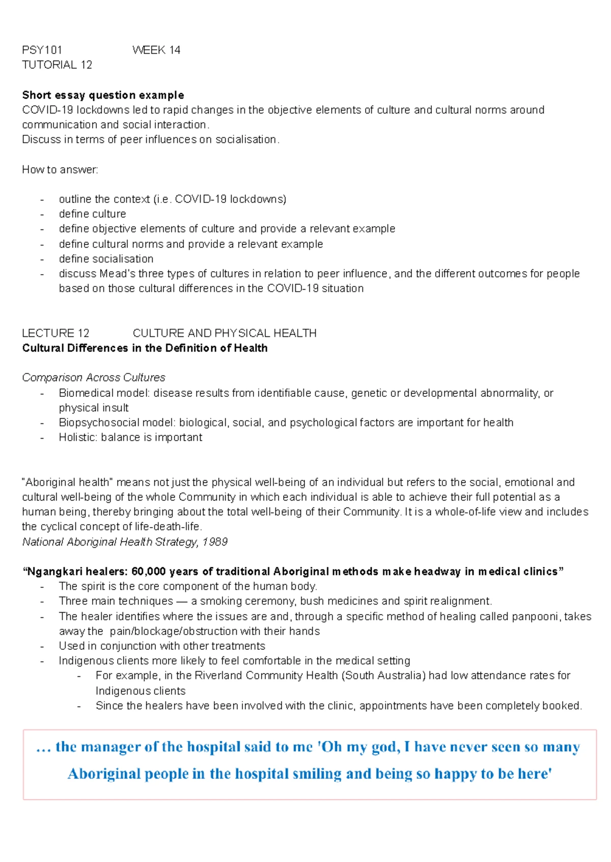 PSY101 WEEK 11 LECTURE: Culture, Mental Health, and Psychological ...