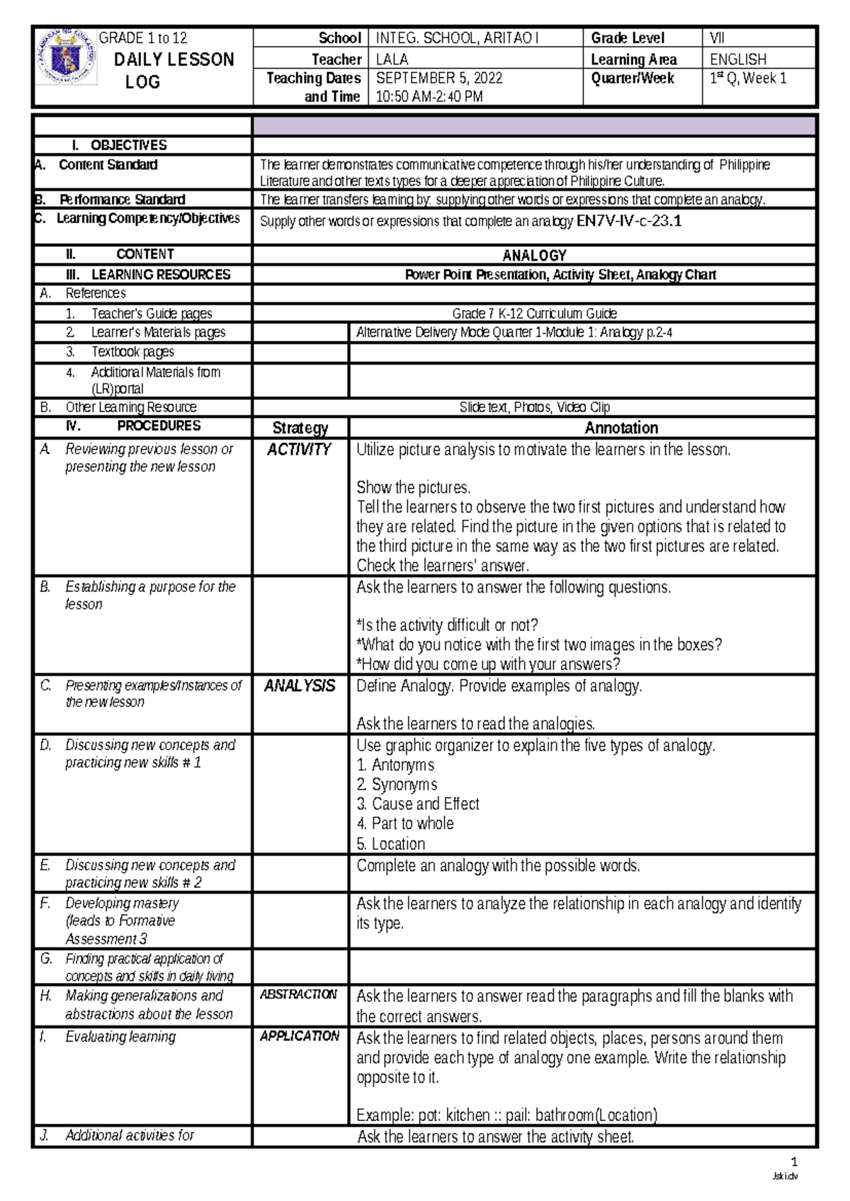 Lesson Plan English 7 Q1 L1 - GRADE 1 to 12 DAILY LESSON LOG School ...