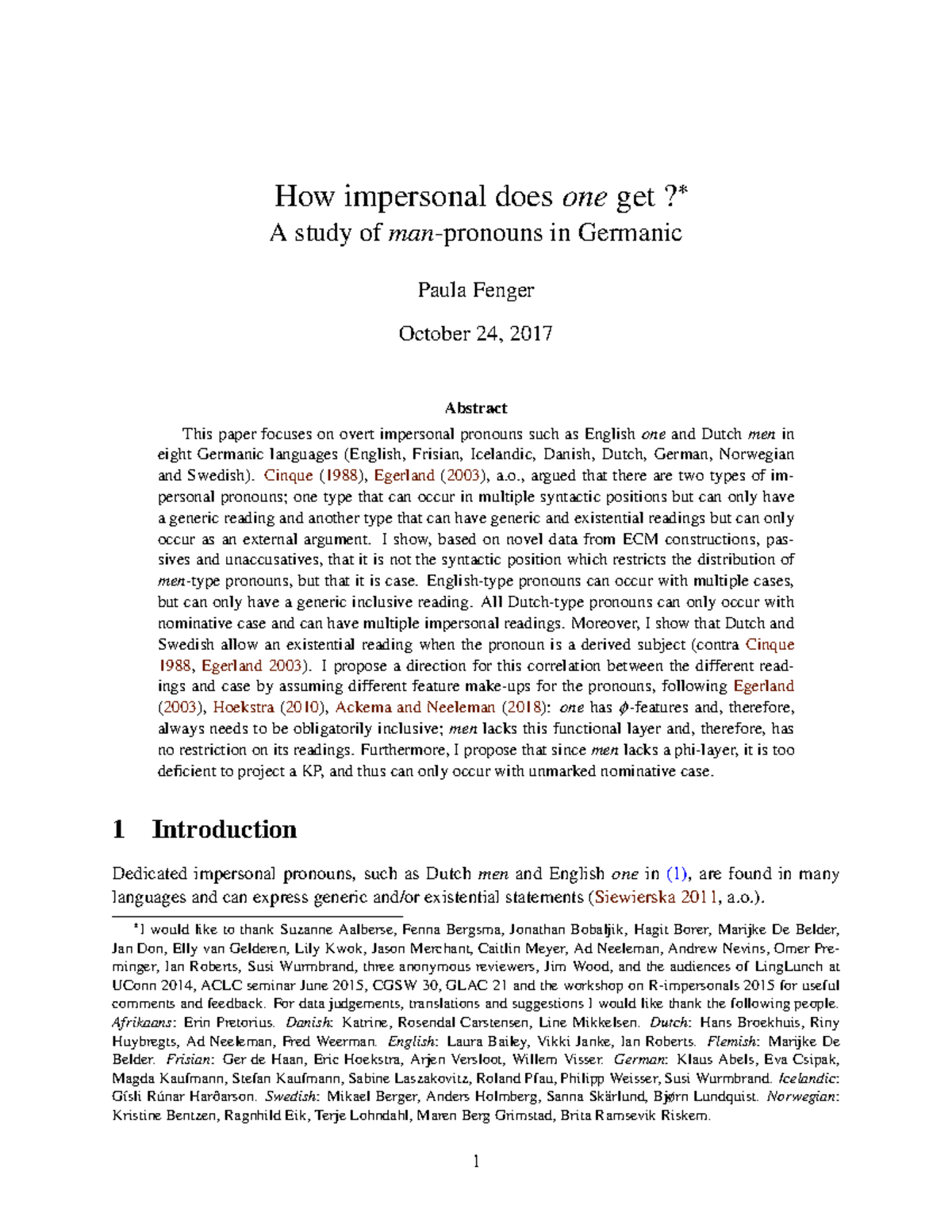 Impersonal Pronouns in Germanic Languages: A Comparative Study (LING ...
