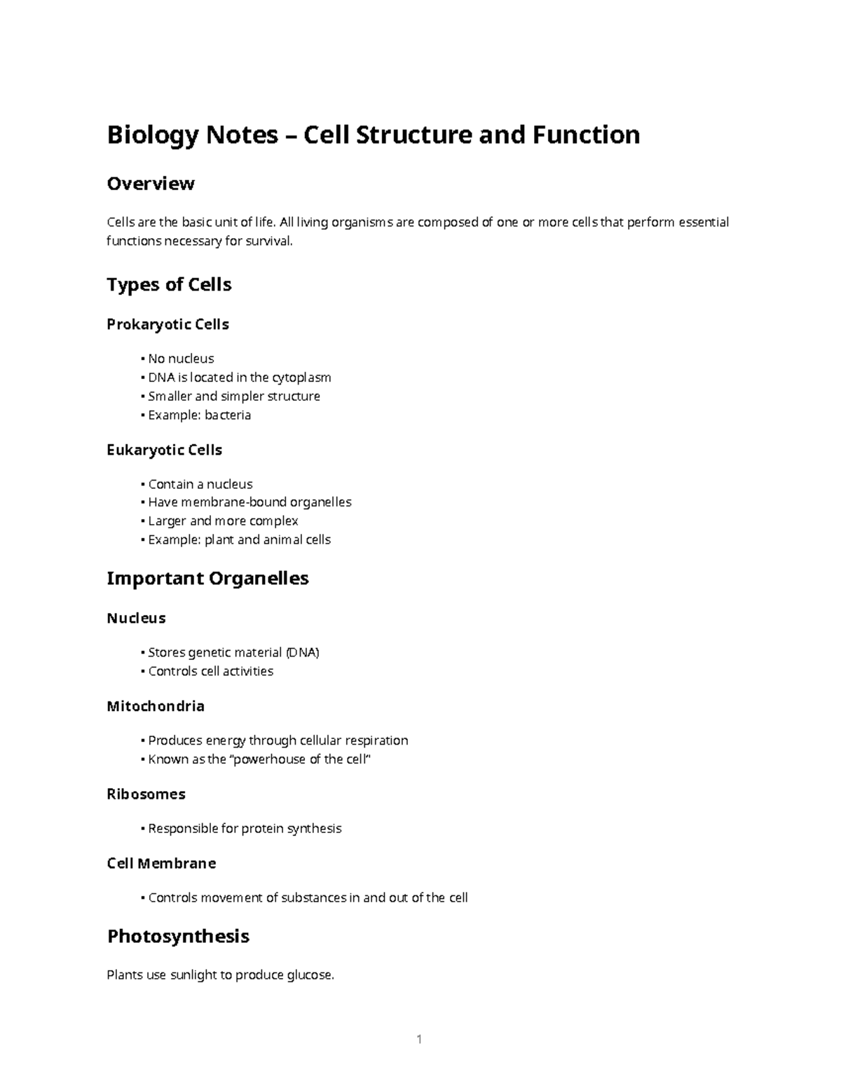 Biology Notes - Cell Structure & Function Overview (BIO101) - Studocu