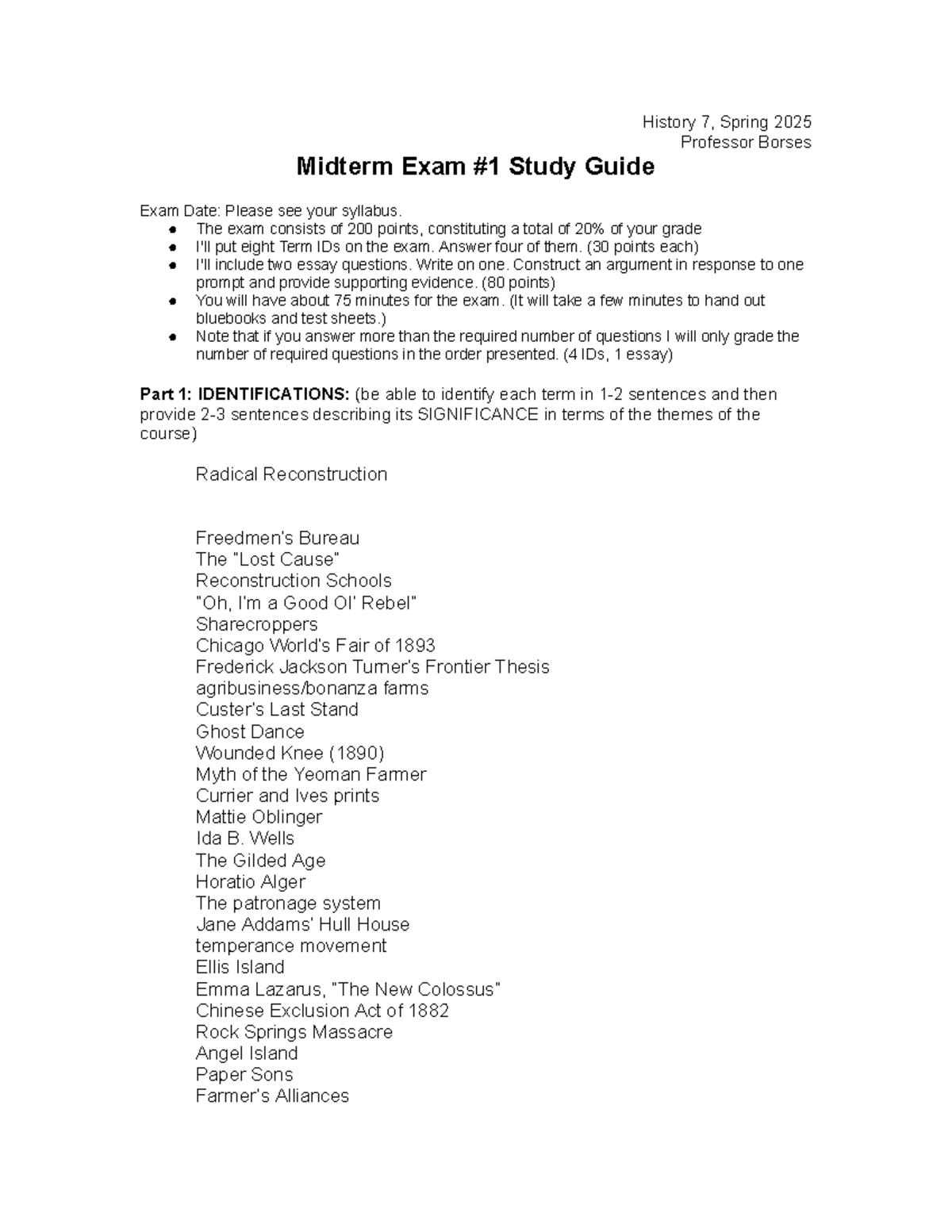 U.S History 7 Spring 2025 Midterm Exam #1 Study Guide Essentials - Studocu