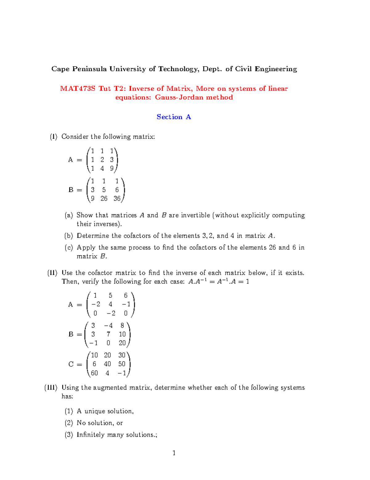 MAT473S T2: Inverse of Matrices & Linear Equations Tutorial - Studocu