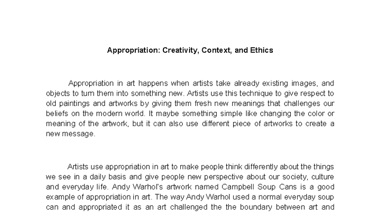 ARTA Activity Finals: Understanding Appropriation in Art - Studocu