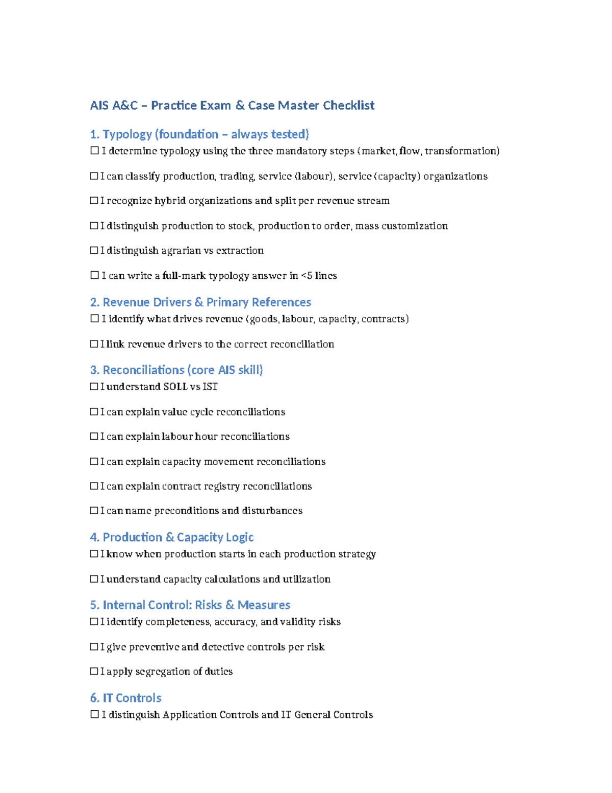 AIS A&C Practice Exam Case Master Checklist: Key Concepts & Skills ...